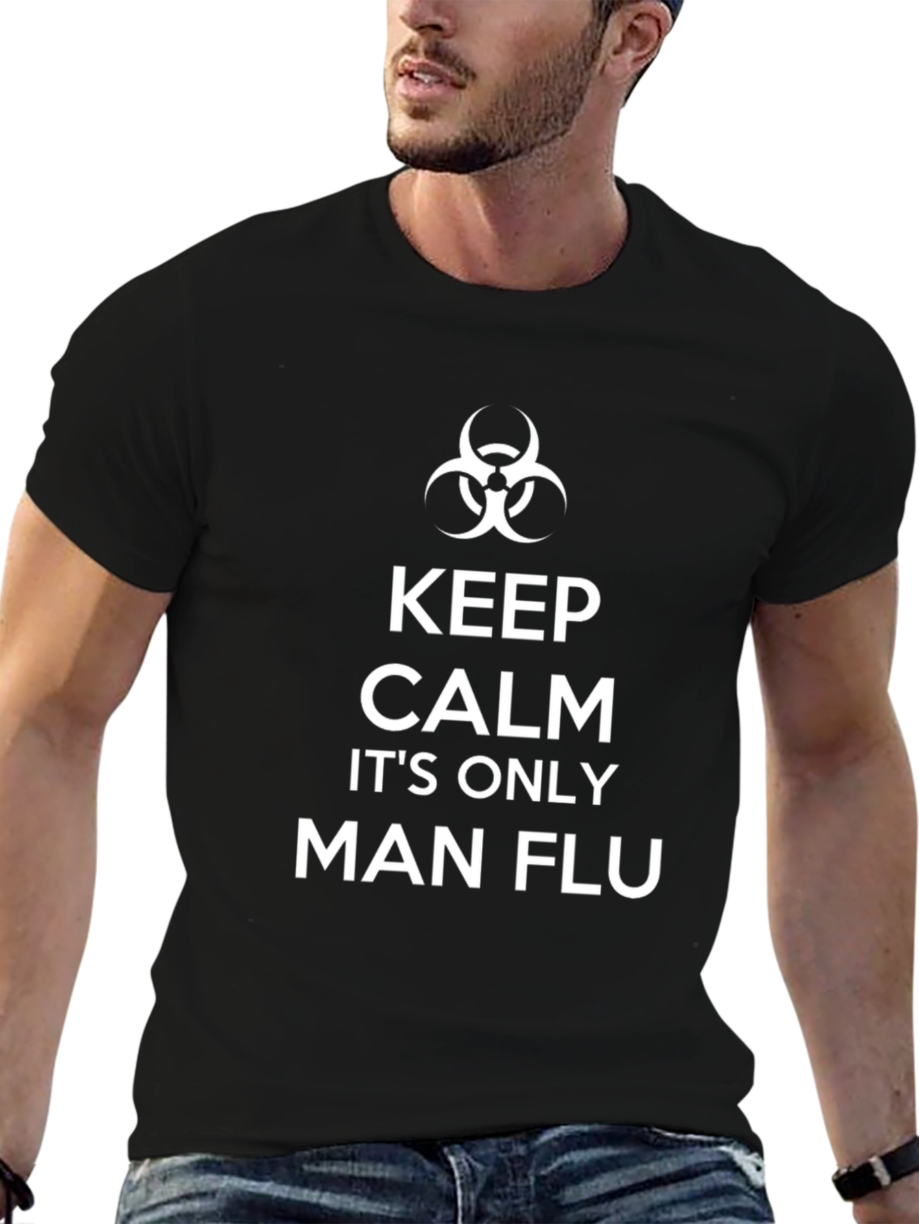 Black Keep Calm Man Flu T-Shirt Black view 6