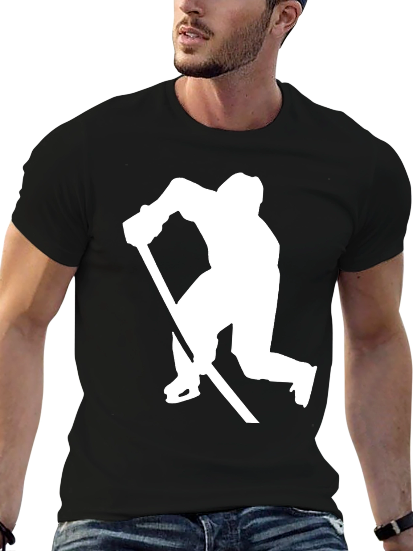Black Hockey Player Silhouette Graphic Tee - Black Cotton view 6