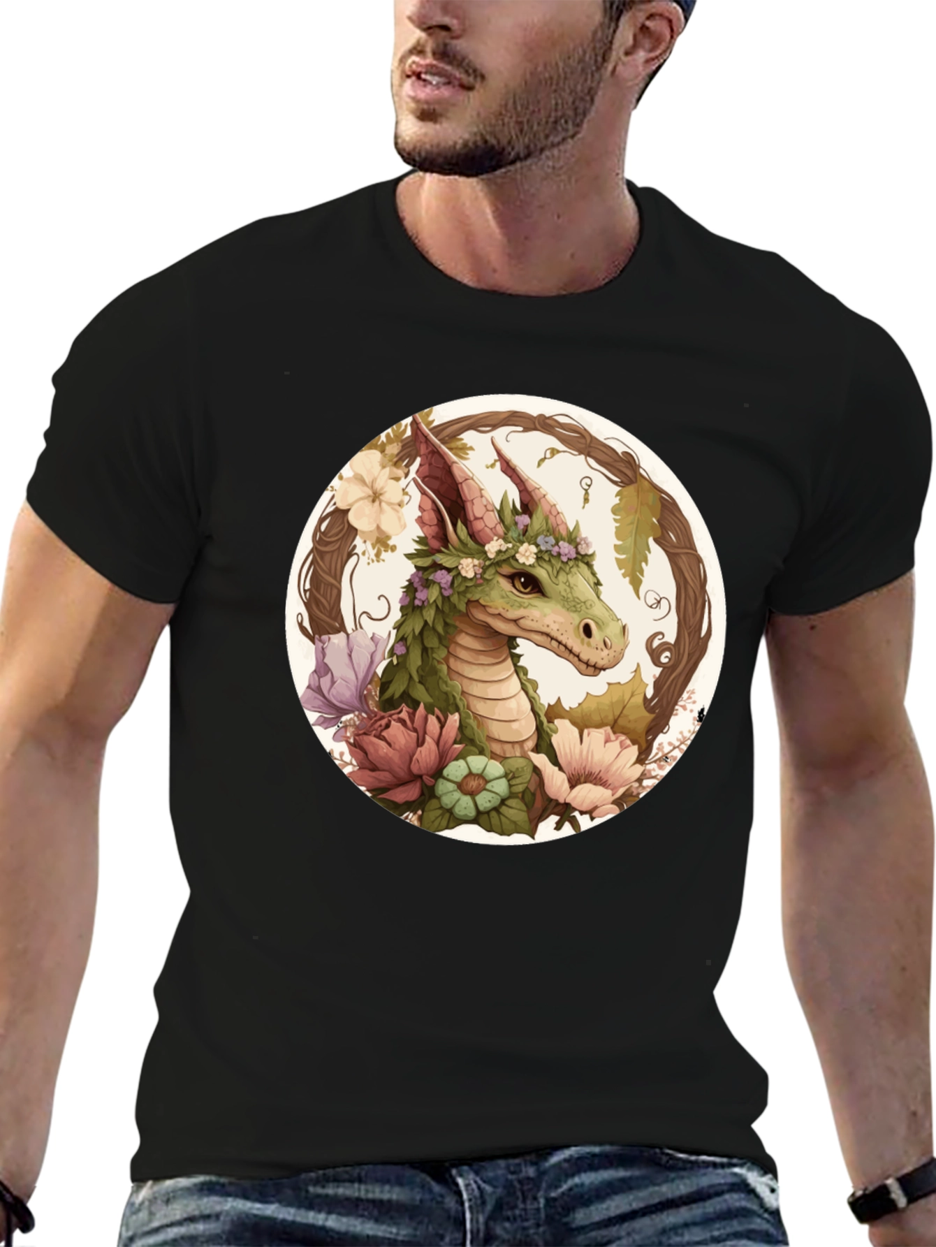 Black Floral Dragon T-Shirt - Unique Fantasy Tee view 6