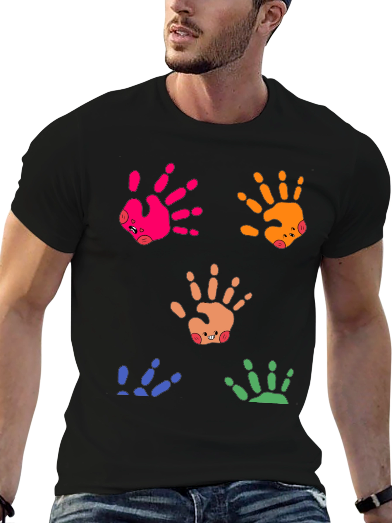 Black Colorful Handprint Graphic Tee - Whimsical Casual Wear view 6