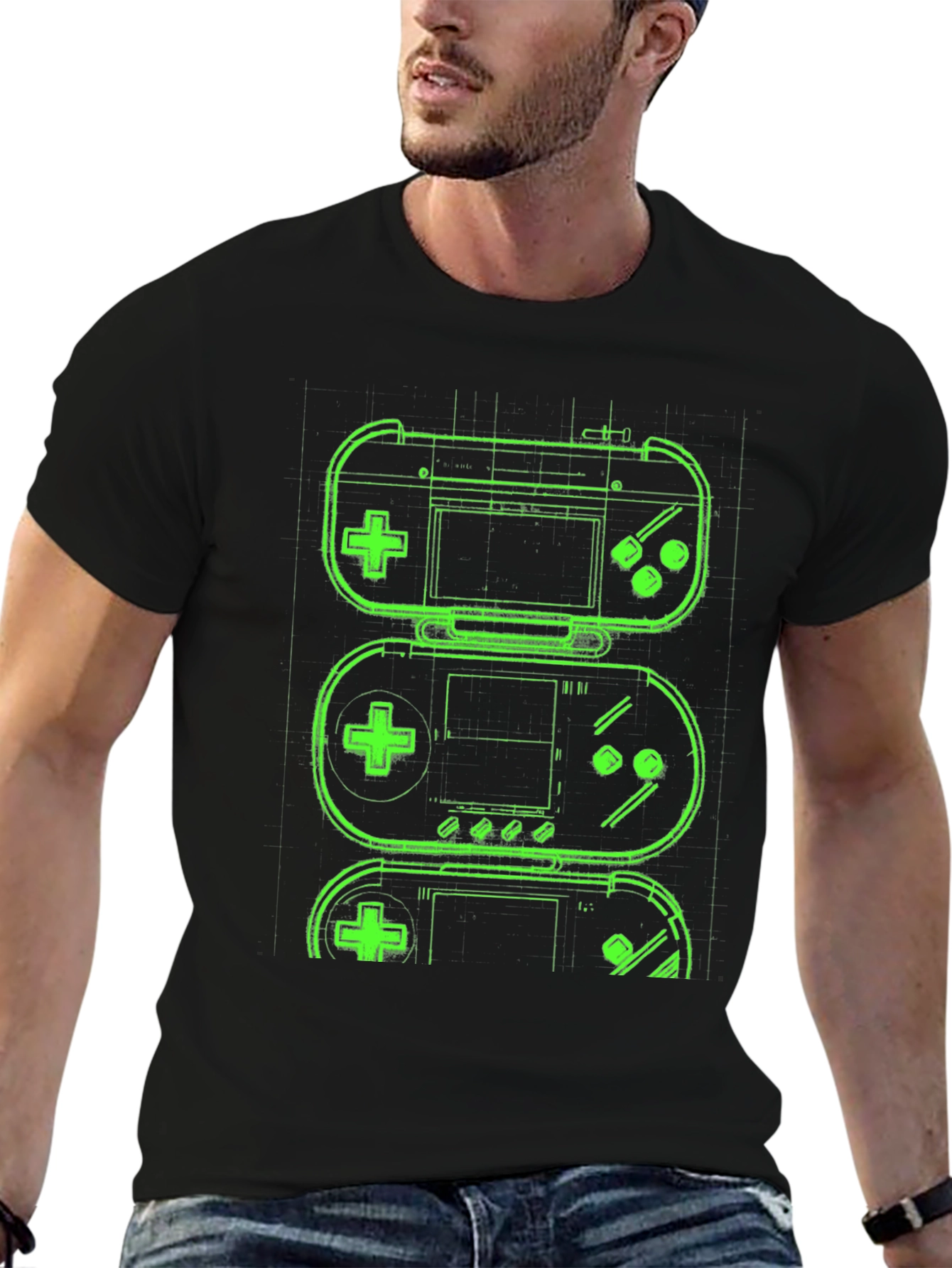 Black Retro Gaming T-Shirt - Neon Game Controller Design view 6