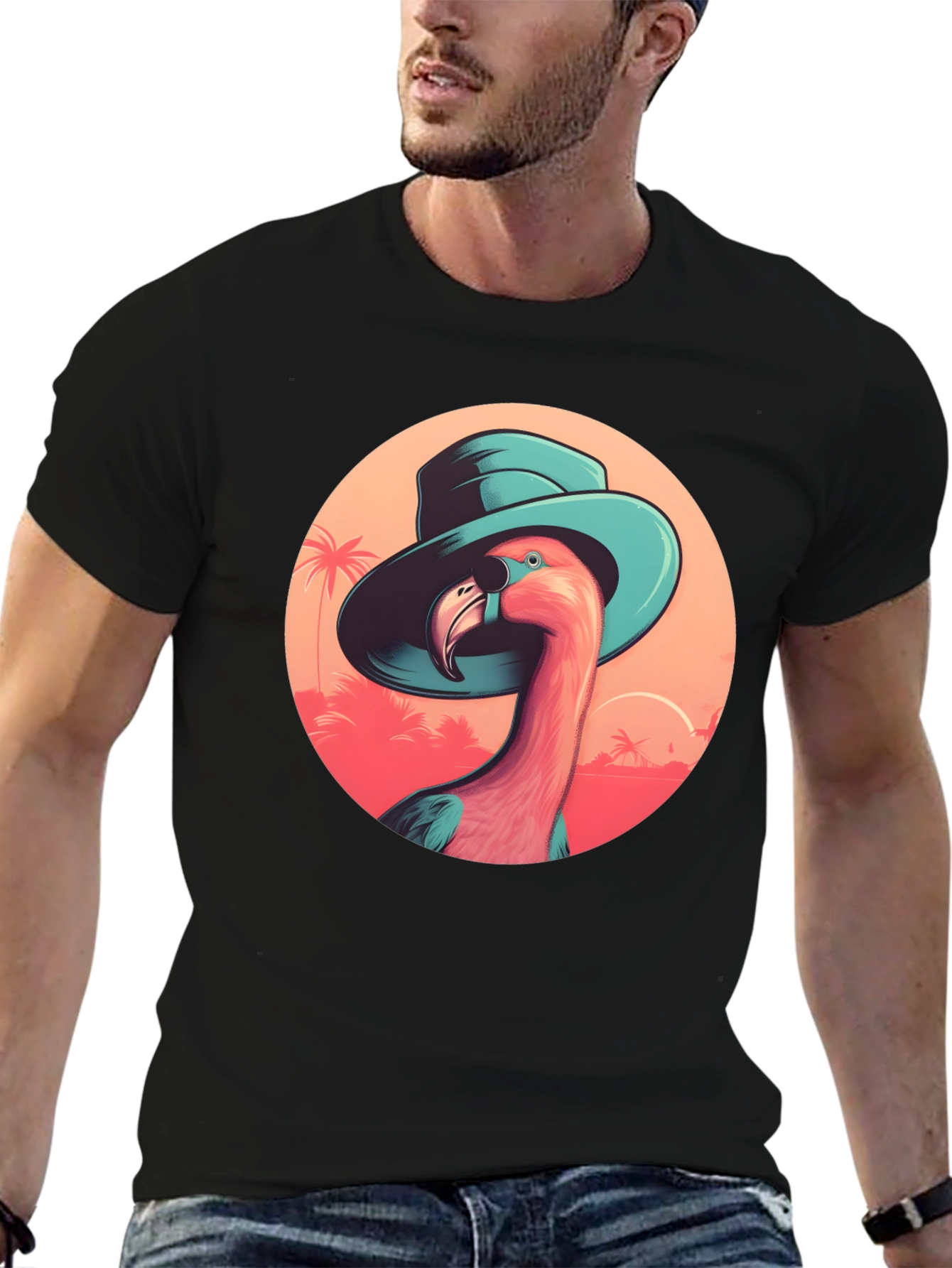 Black Flamingo in Hat Graphic Tee - Tropical Vacation Style view 6