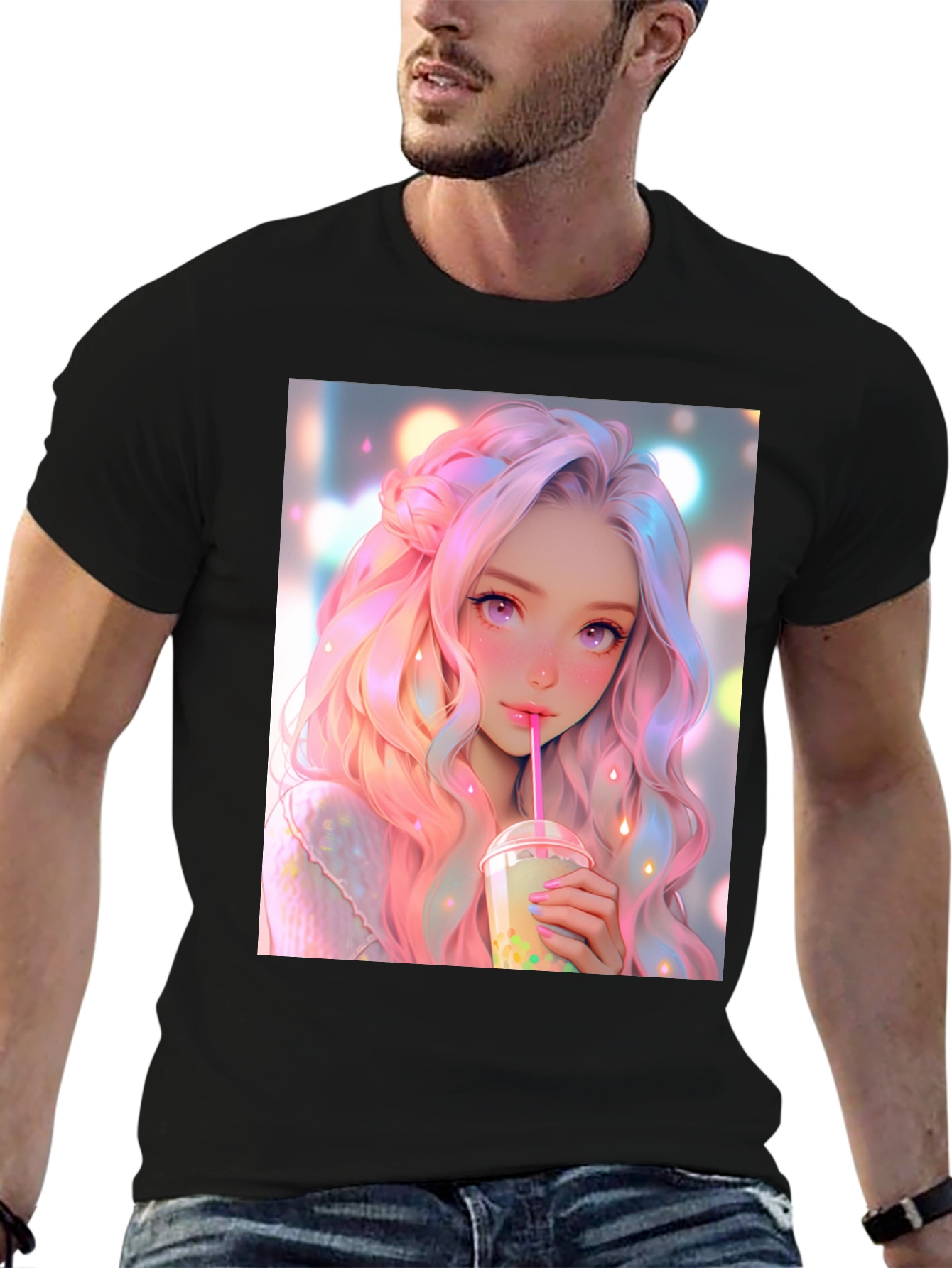 Black Anime Girl Bubble Tea Graphic T-Shirt view 6