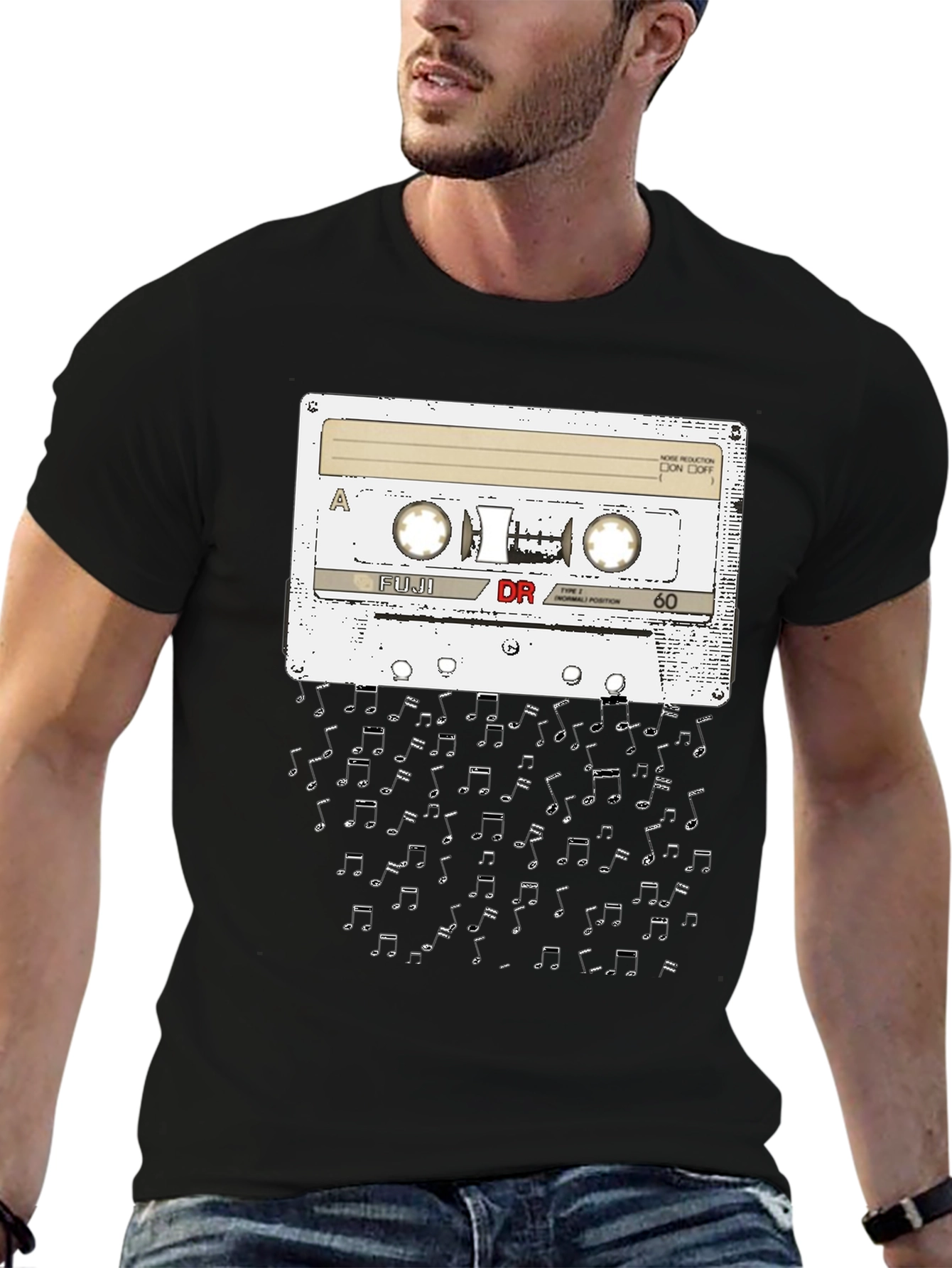 Black Retro Cassette Tape Music Notes Graphic T-Shirt view 6