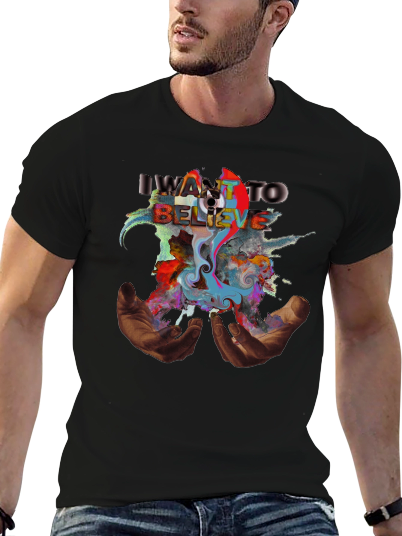 Black I Want to Believe T-Shirt with Abstract Art view 6