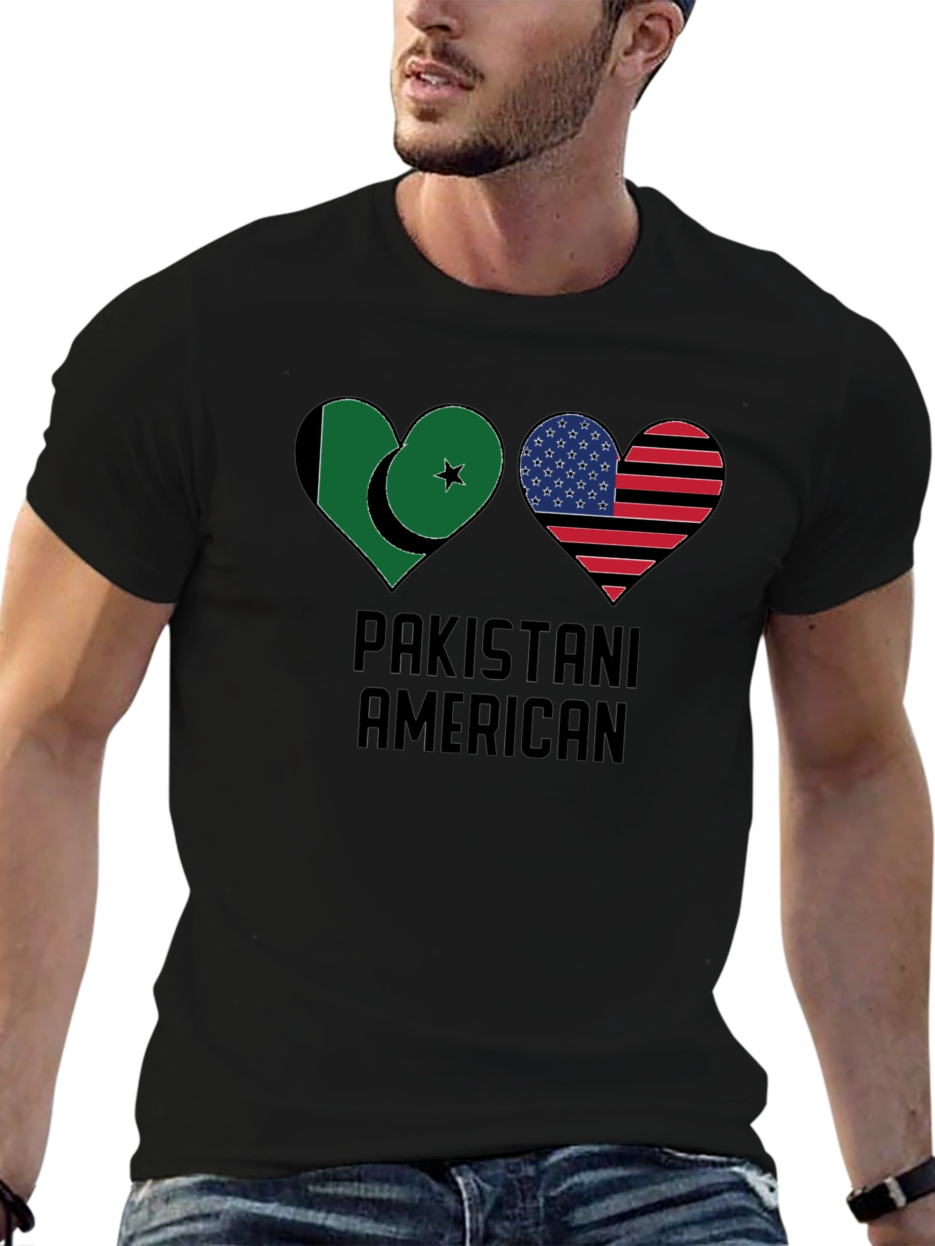 Black Pakistani American Heart Flag T-Shirt view 6