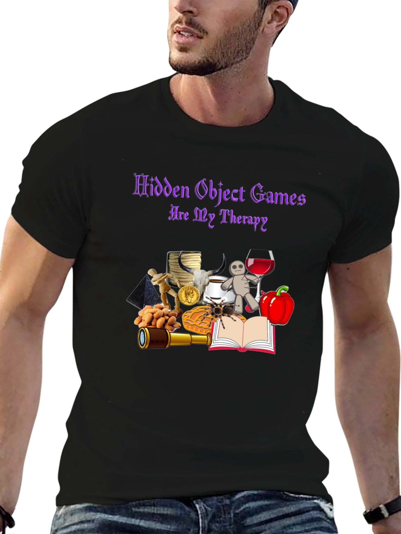 Black Hidden Object Games Therapy T-Shirt view 6