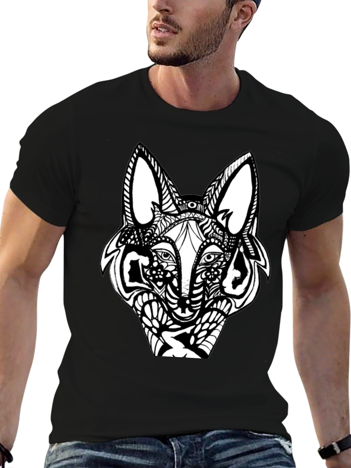 Black Abstract Wolf Graphic Black T-Shirt view 6