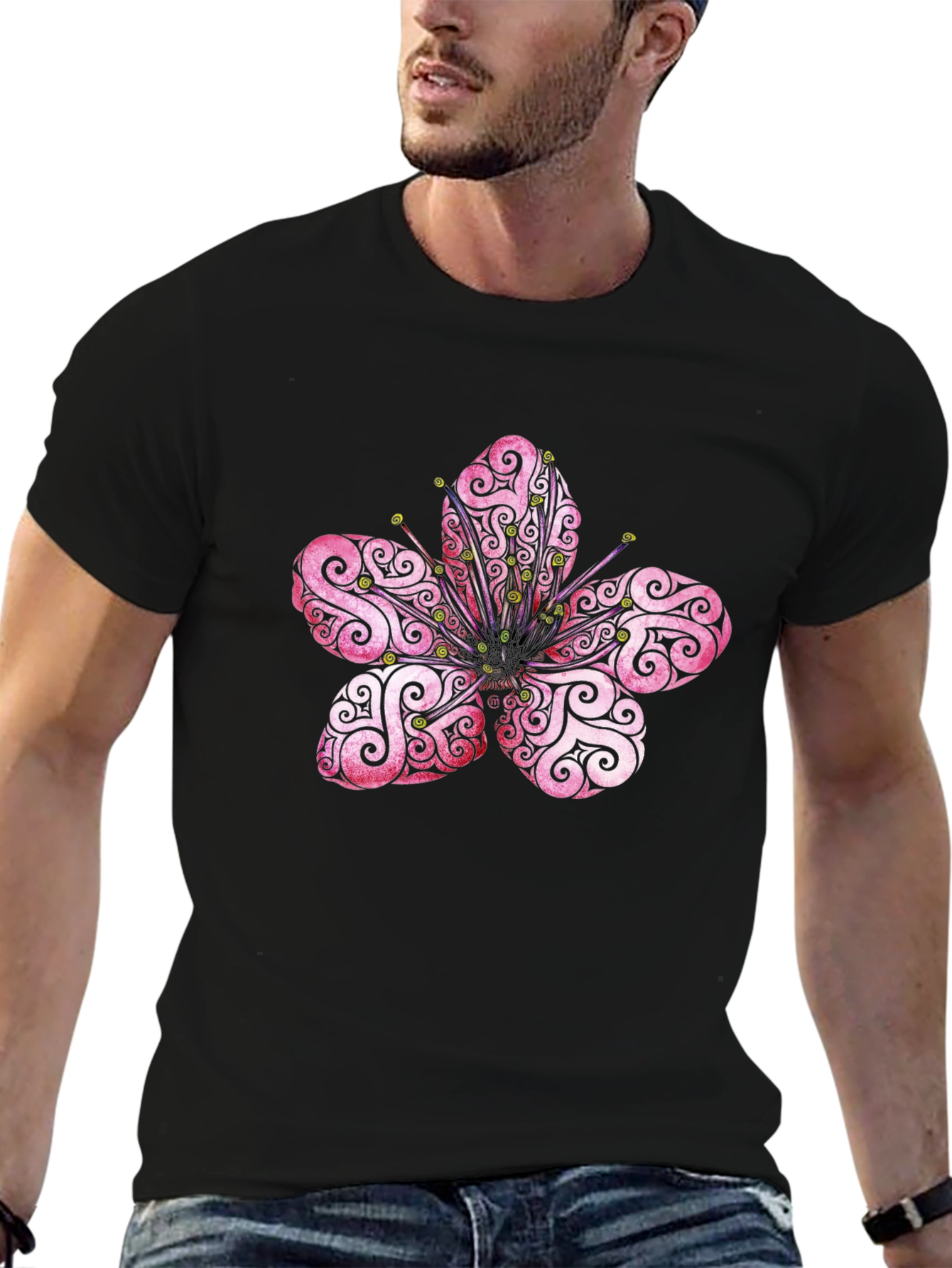 Black Floral Mandala Print Black T-Shirt view 6
