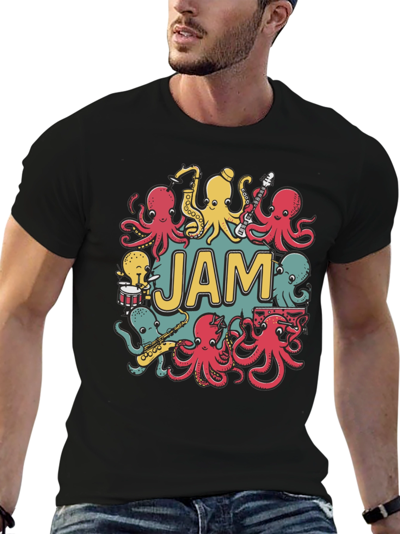 Black Octopus Jam Band Graphic T-Shirt - Black Cotton Tee view 6