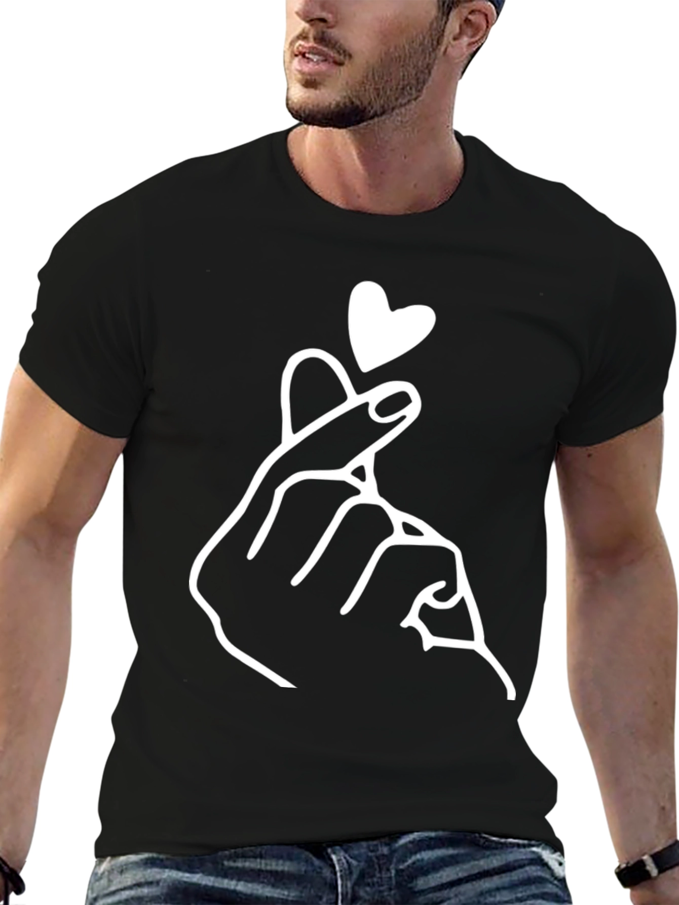 Black Finger Heart T-Shirt - Korean Love Sign view 6