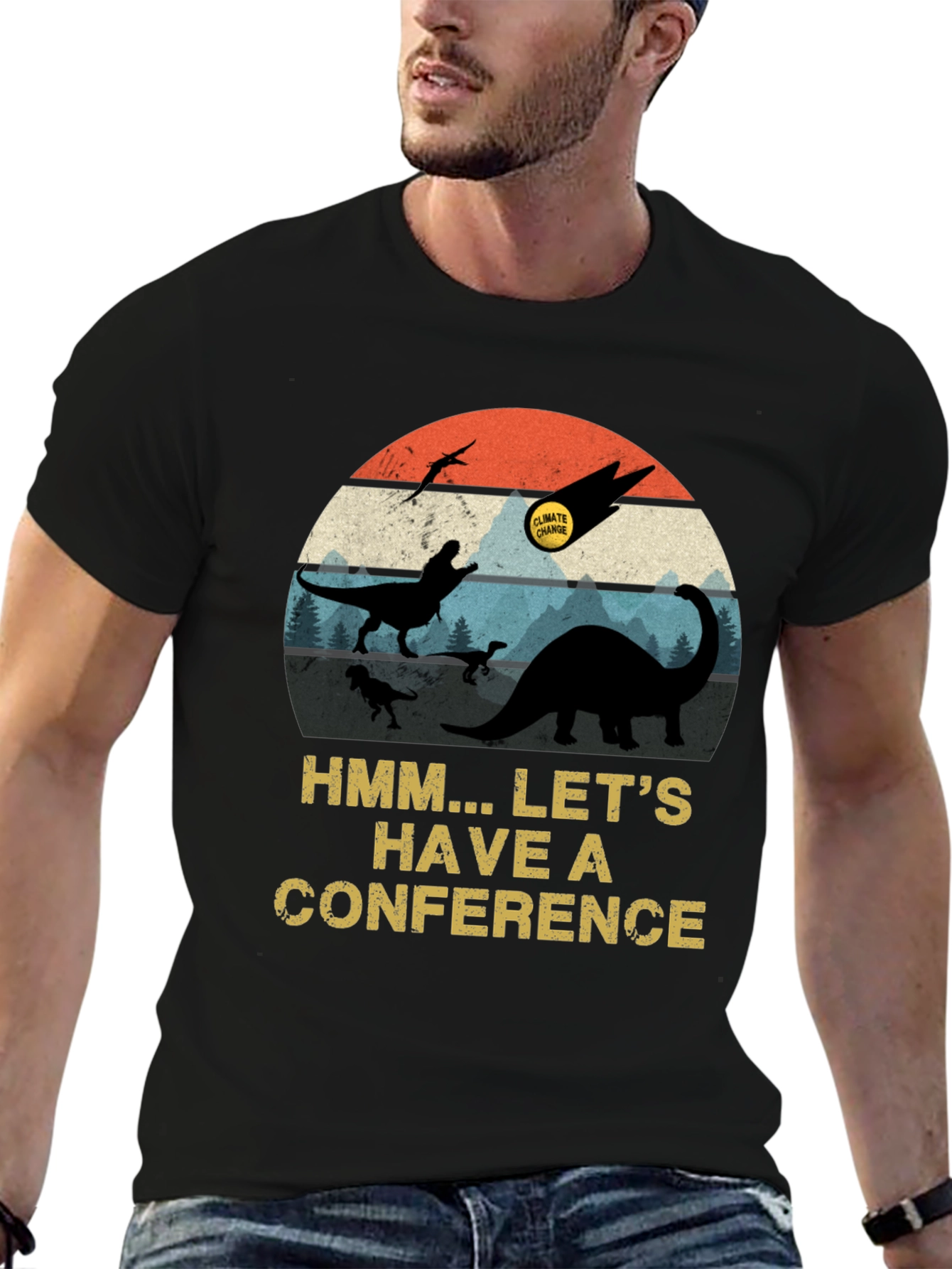 Black Dinosaur Climate Change Conference Graphic T-Shirt view 6