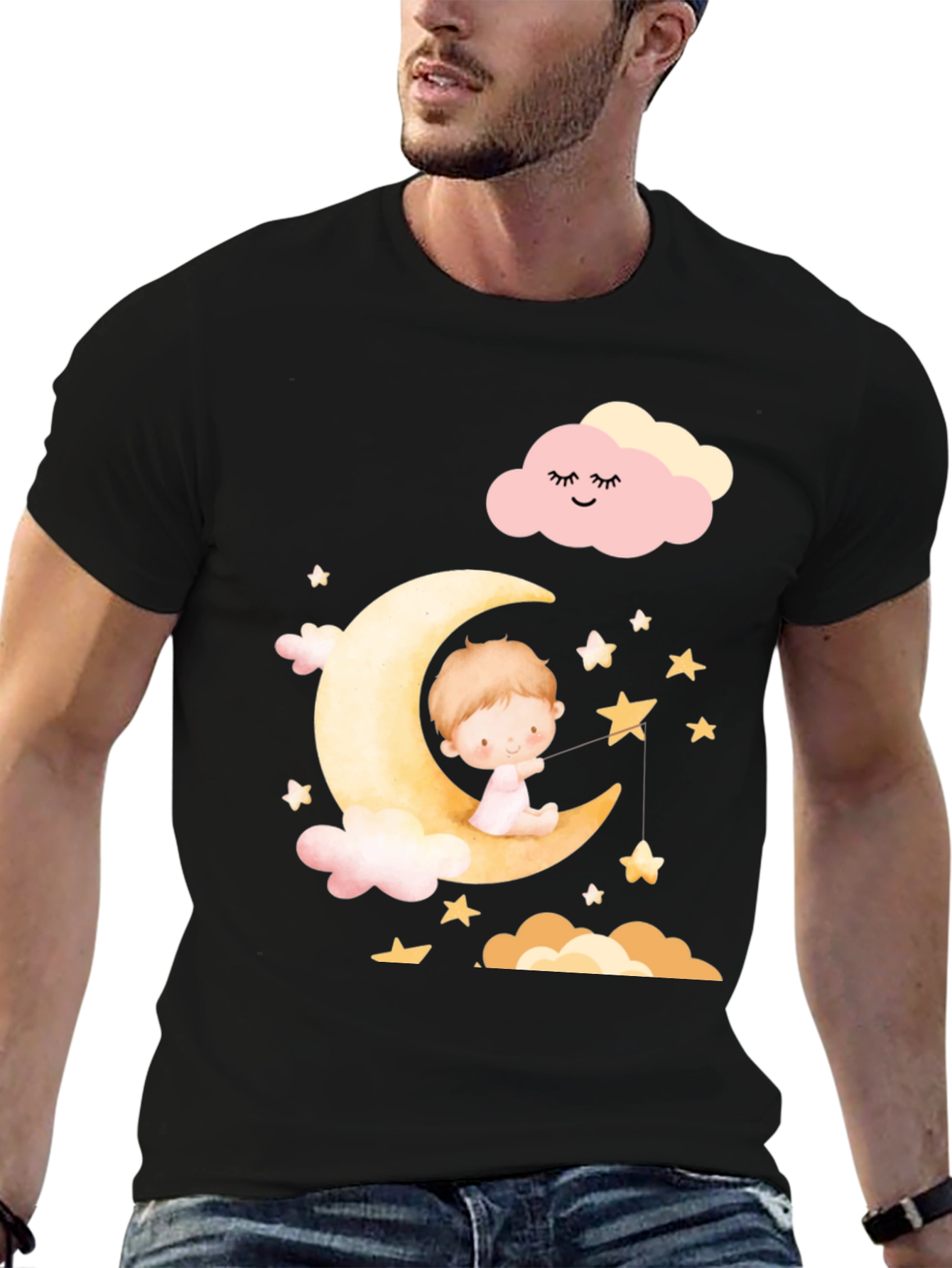 Black Cute Baby on Moon Graphic T-Shirt - Unisex view 6