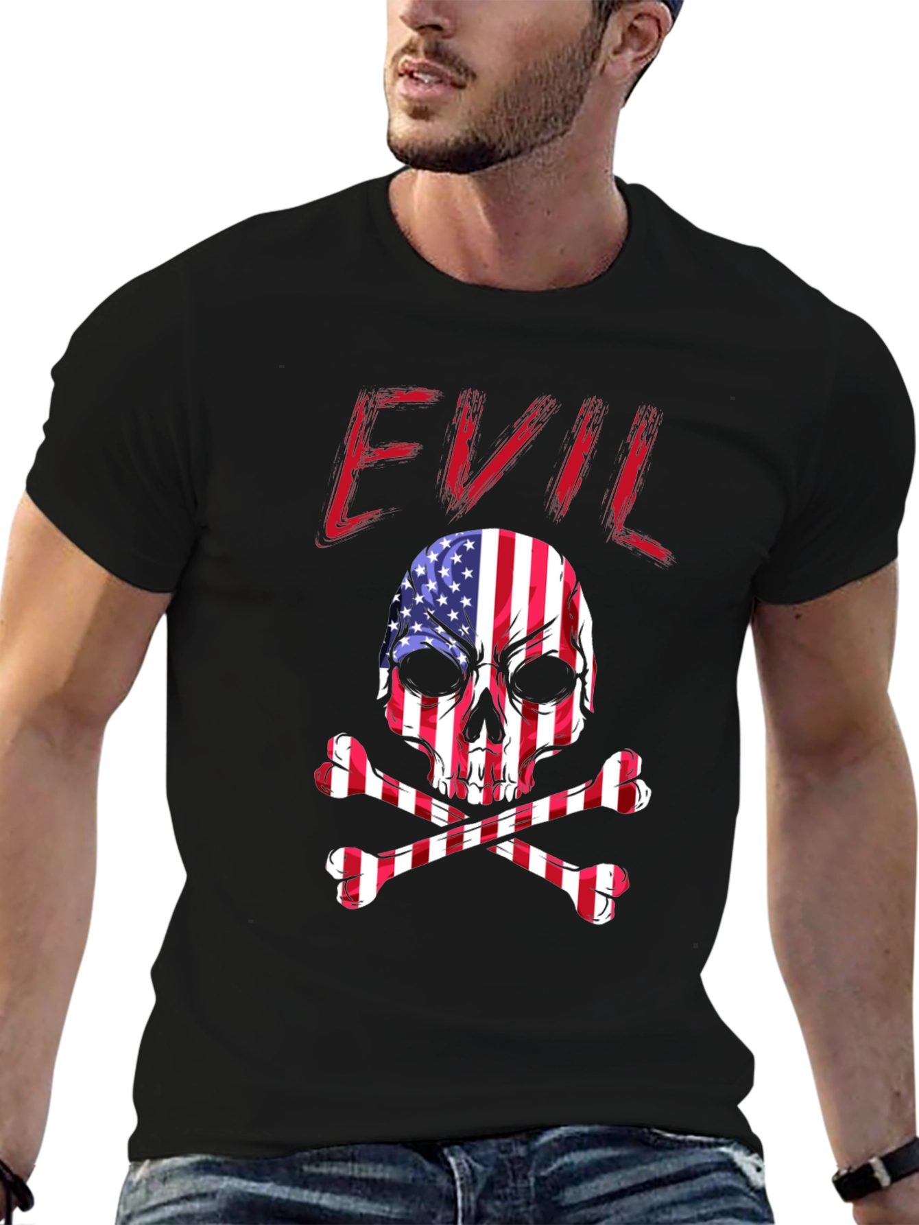 Black Evil USA Flag Skull Graphic T-Shirt view 6
