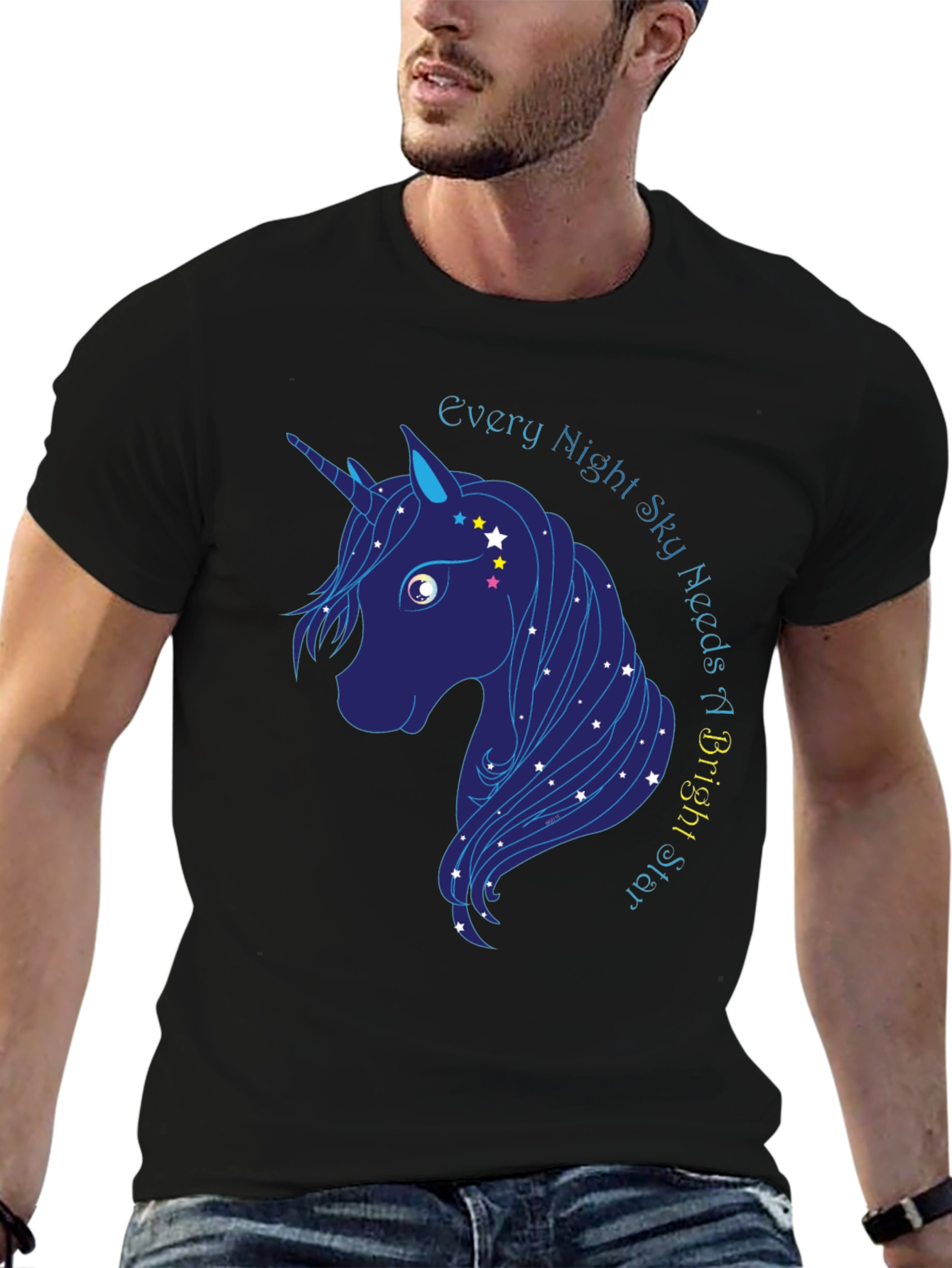 Black Every Night Sky Needs a Bright Star Unicorn T-Shirt view 6