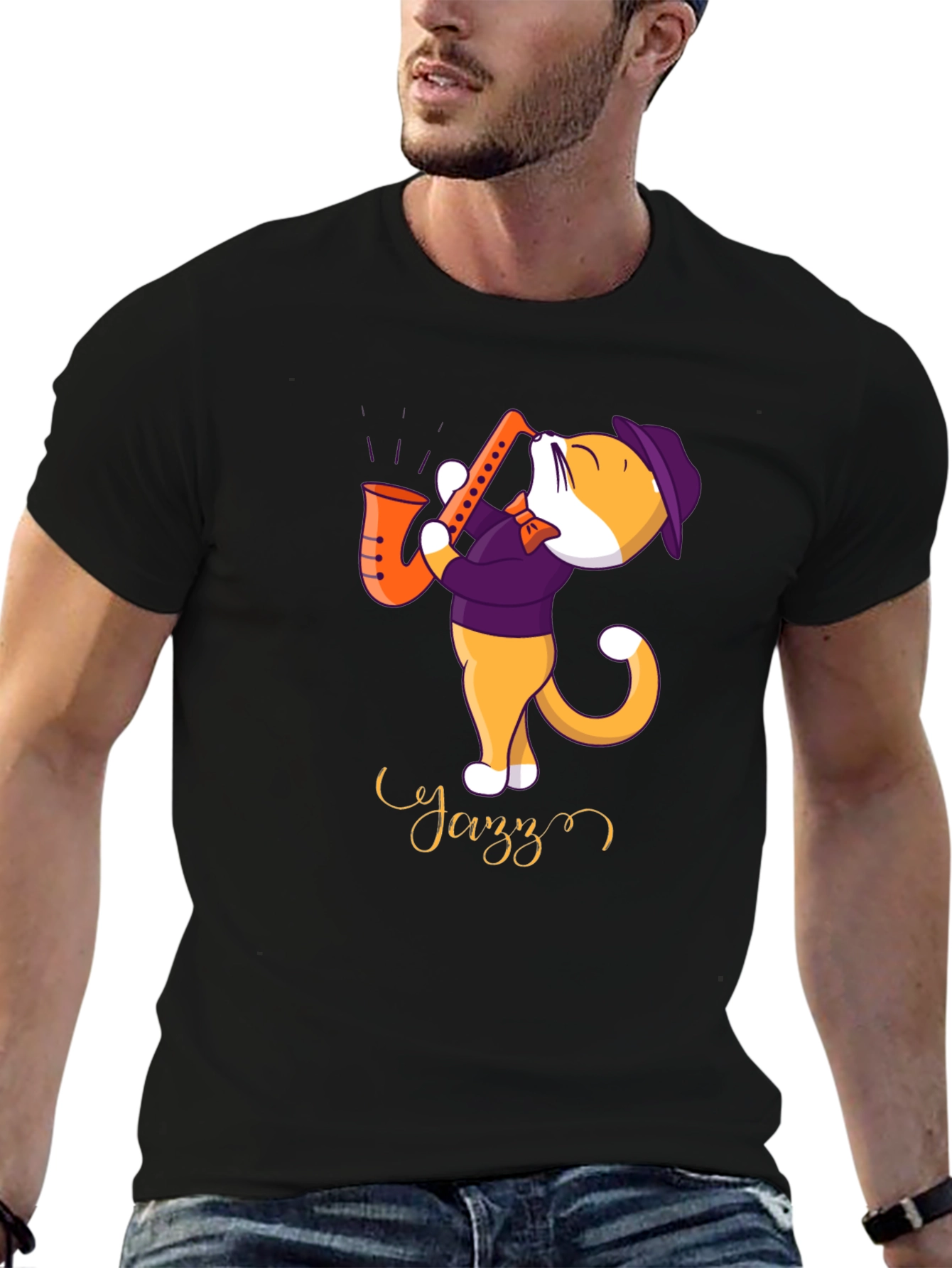 Black Jazz Cat T-Shirt - Cool Cat Playing Saxophone view 6