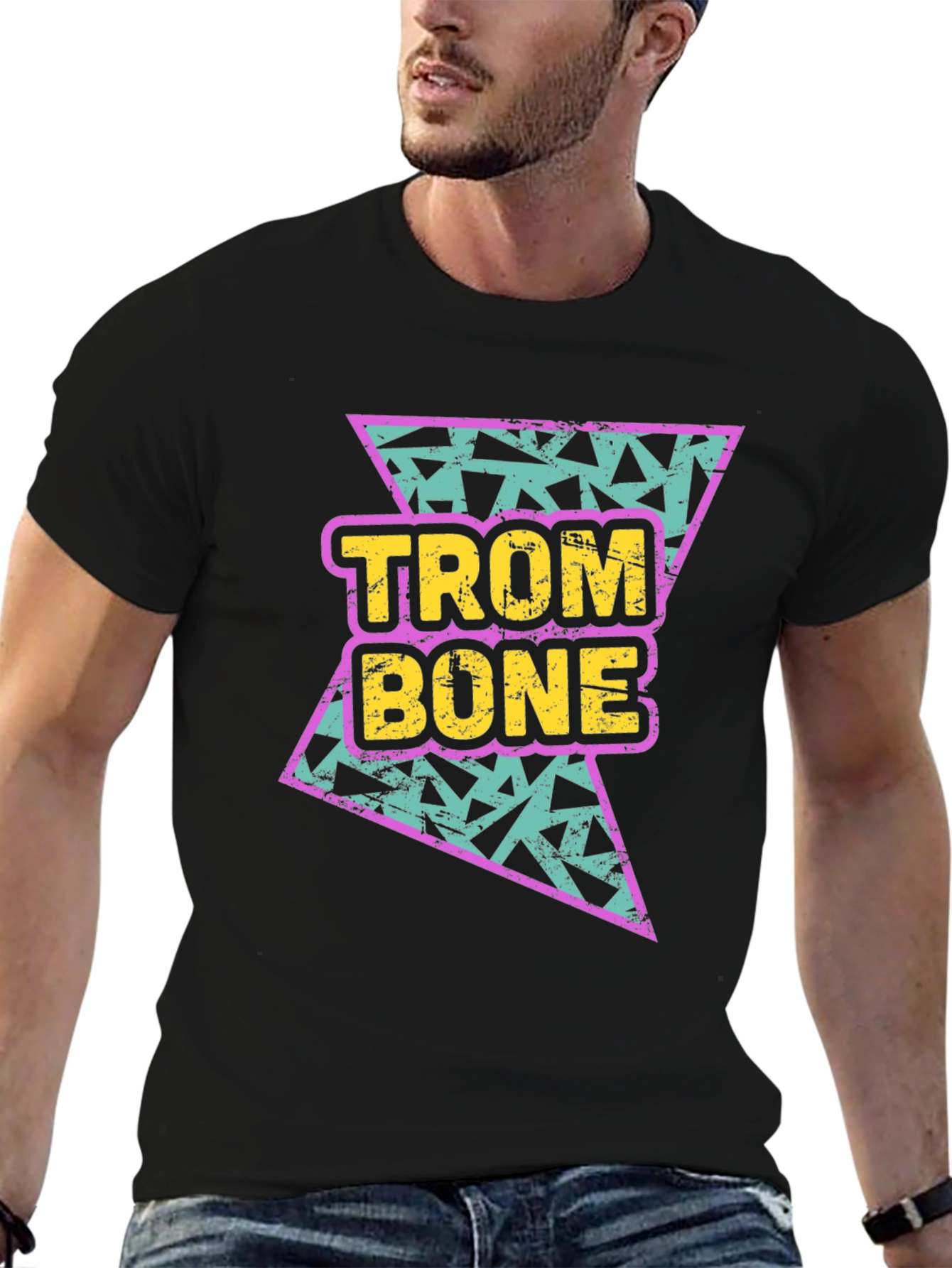 Black Retro Trombone Graphic Tee - Black Cotton T-Shirt view 6