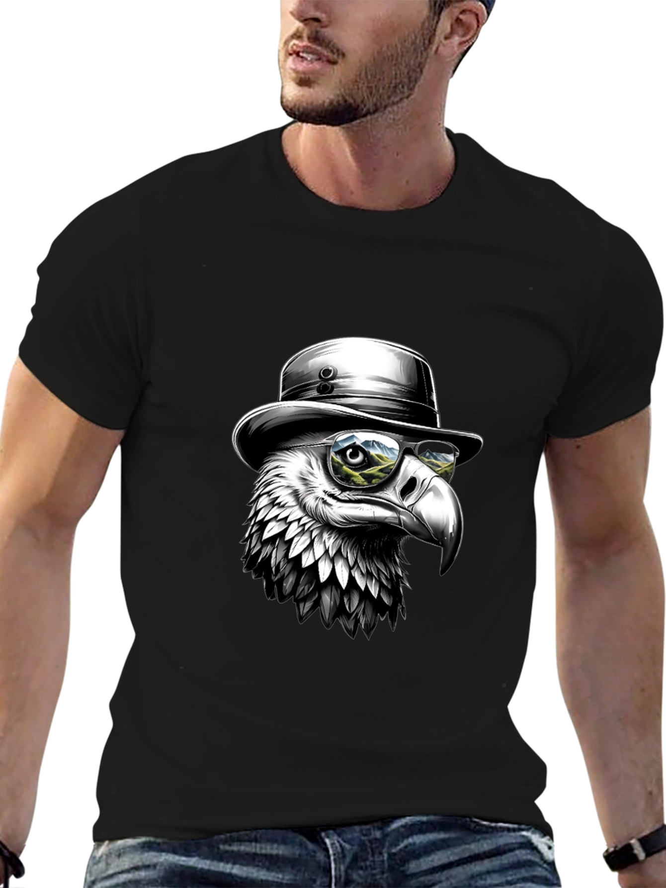 Black Cool Eagle T-Shirt - Bird with Hat & Glasses view 6