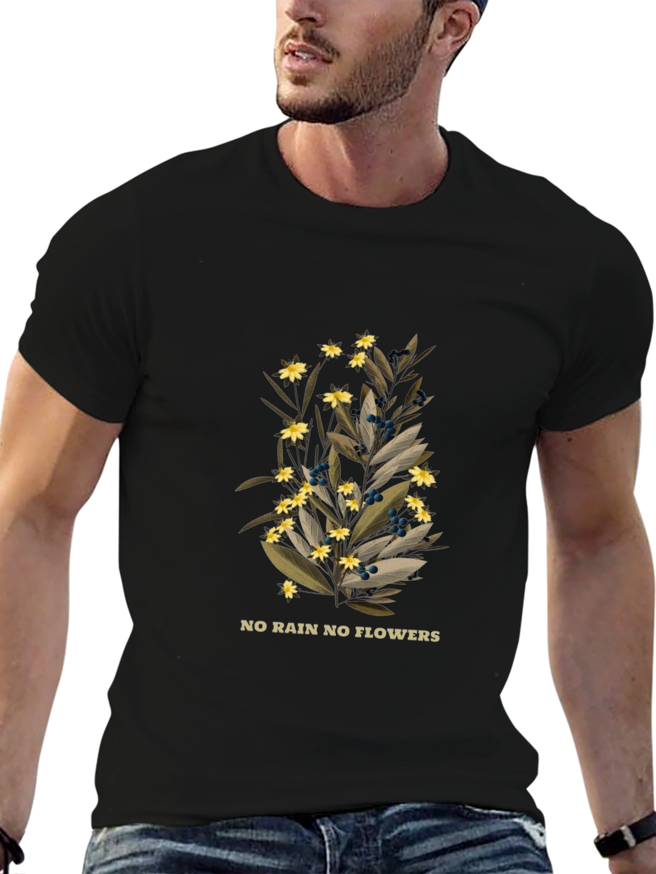 Black Botanical Black T-Shirt - No Rain No Flowers Graphic view 6