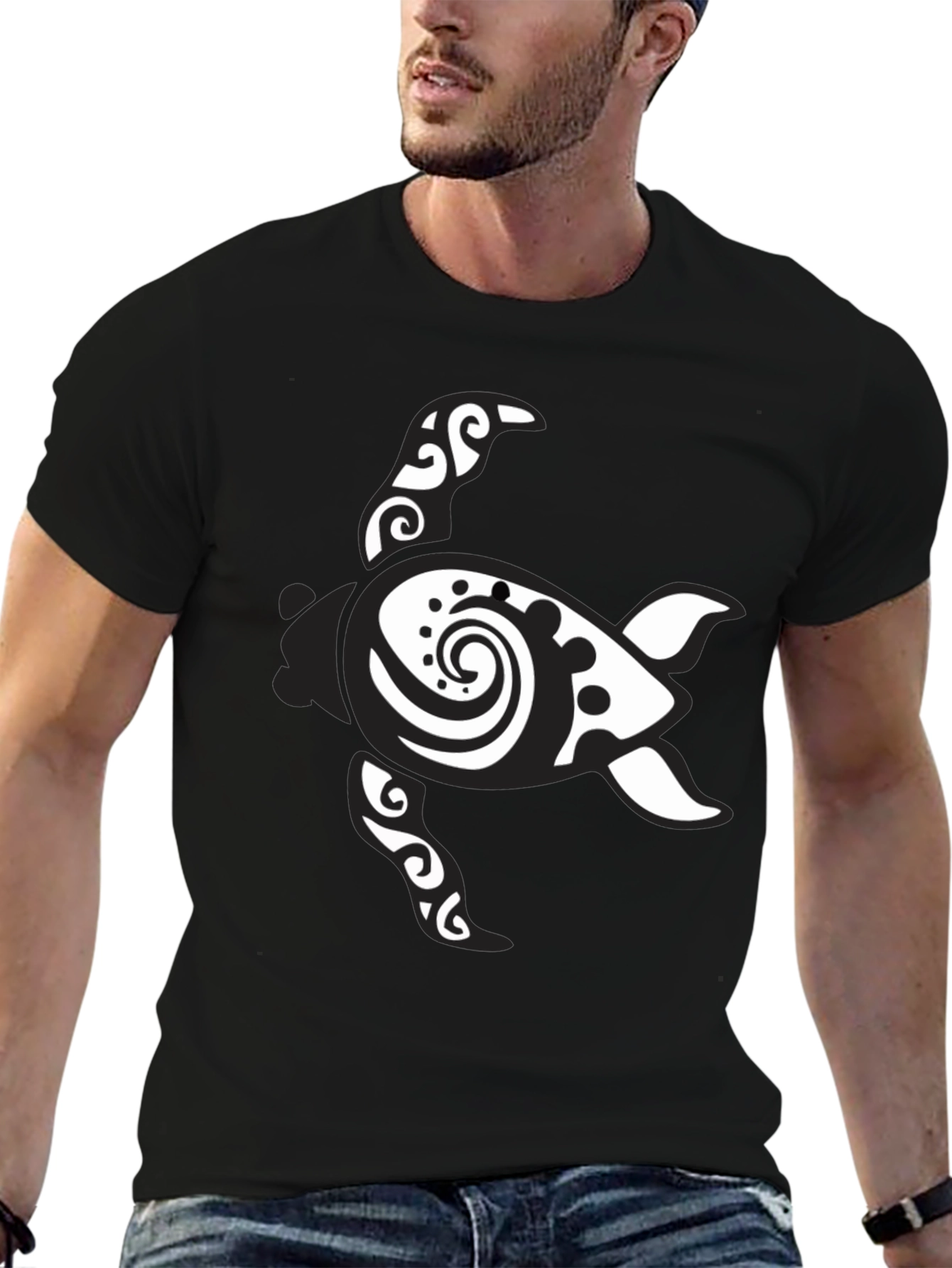 Black Tribal Turtle Graphic Print Men's Black T-Shirt view 6