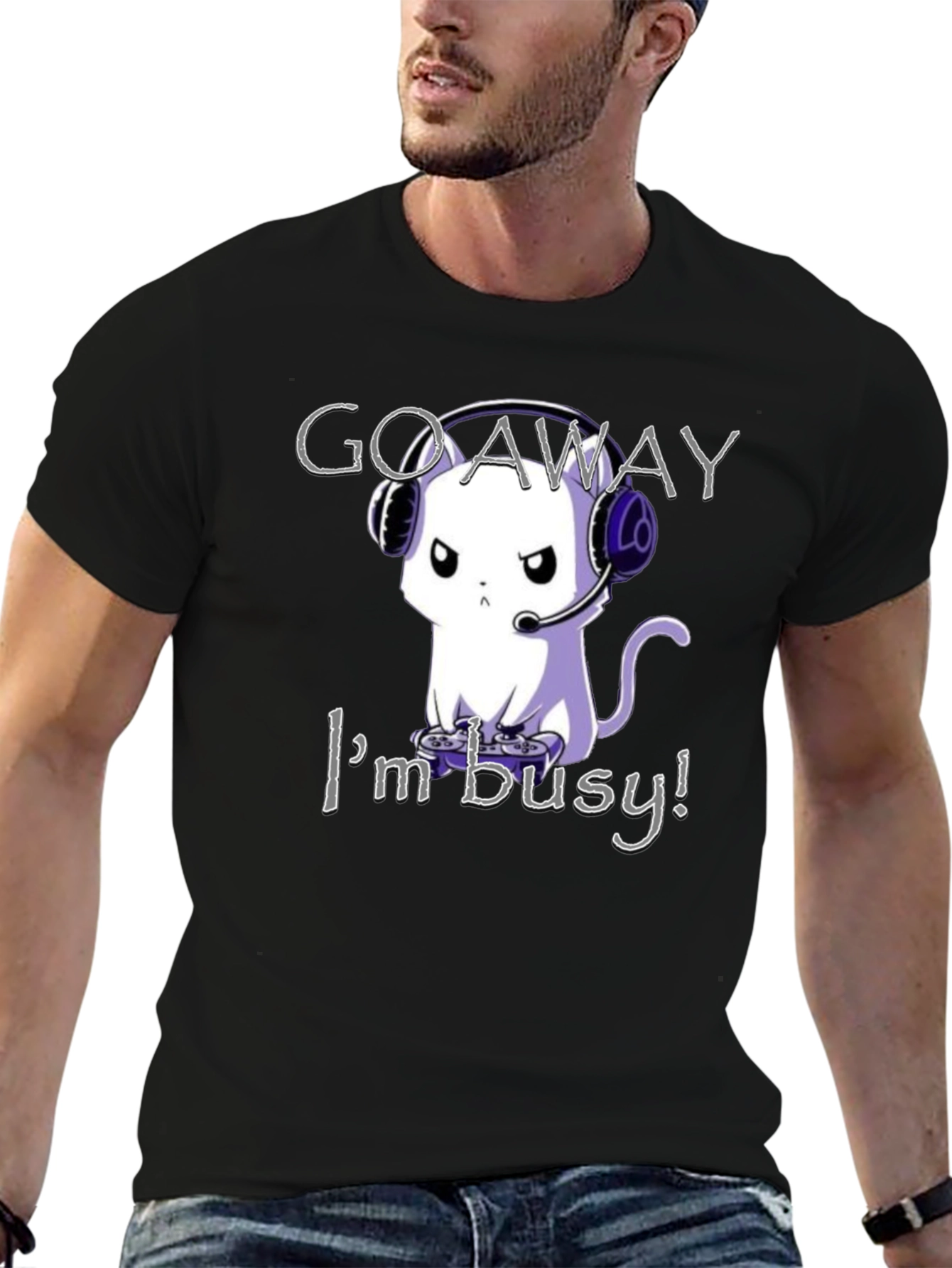 Black Gamer Cat T-Shirt - Go Away I'm Busy! view 6