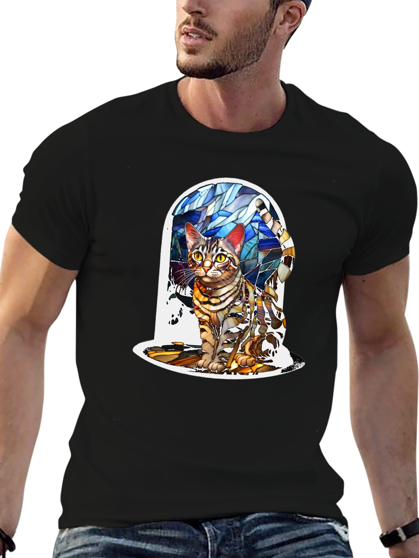 Black Stained Glass Cat T-Shirt - Artistic Feline Tee view 6