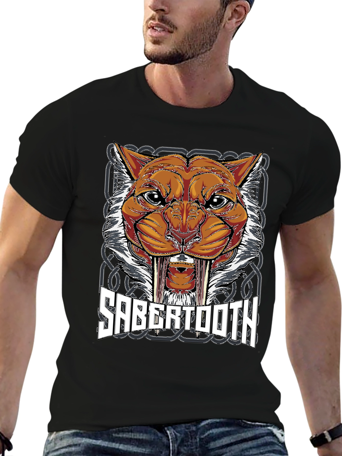 Black Sabertooth Tiger Graphic Print T-Shirt view 6