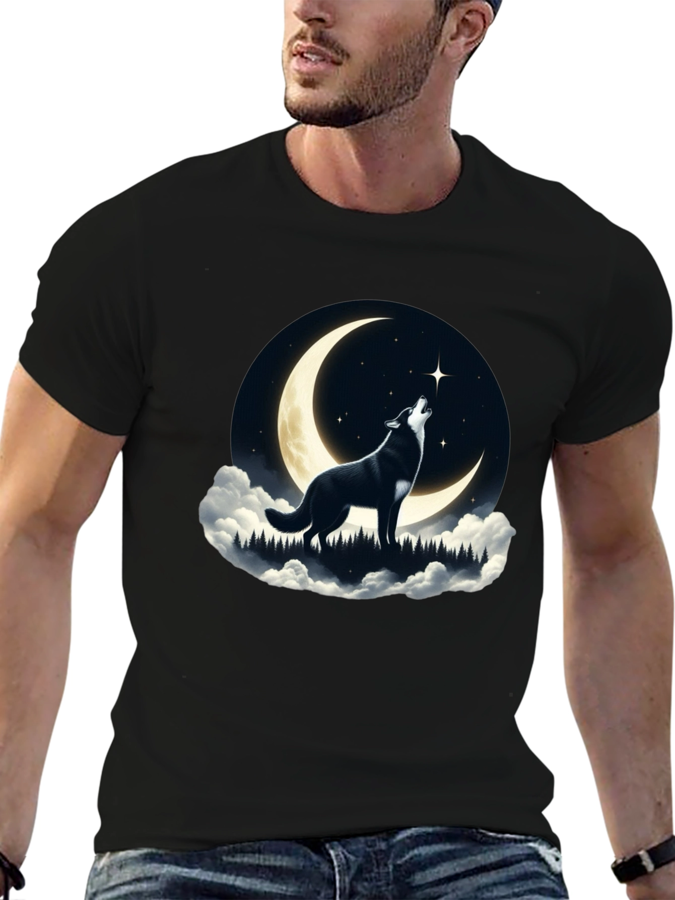 Black Wolf Howling at Moon Graphic Tee - Black view 6