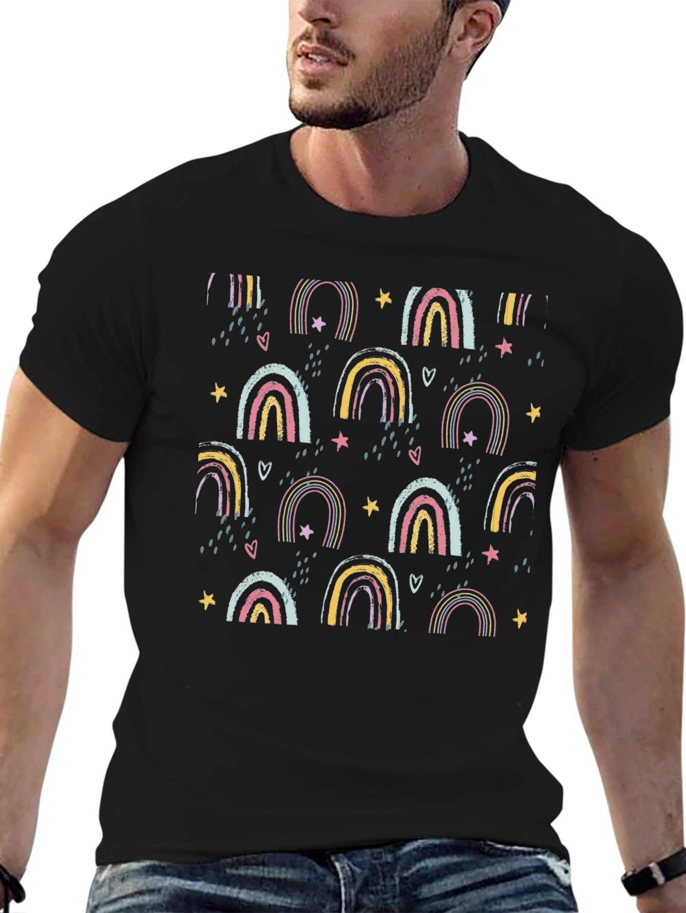 Black Rainbow Star Pattern Black T-Shirt view 6