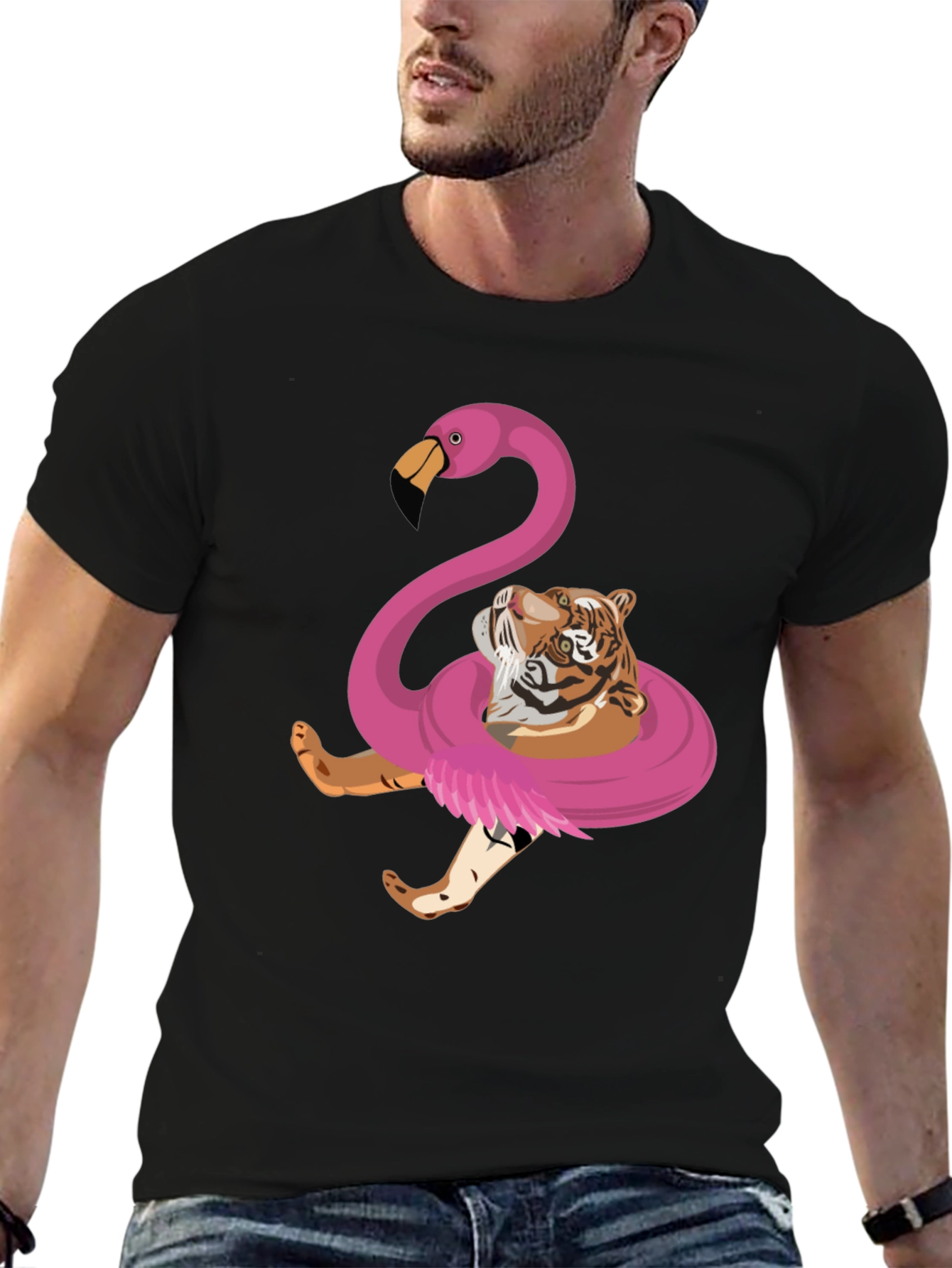 Black Tiger Flamingo Float T-Shirt - Quirky Animal Graphic Tee view 6