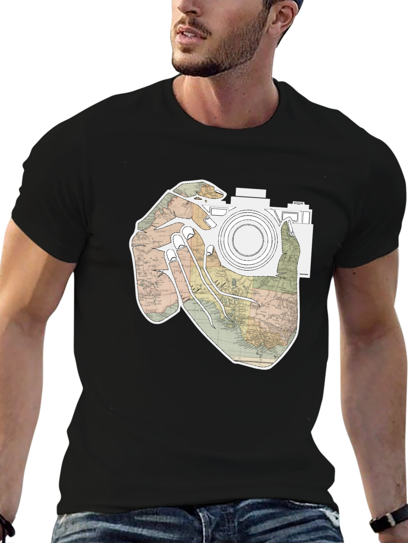 Black World Map Camera T-Shirt view 6