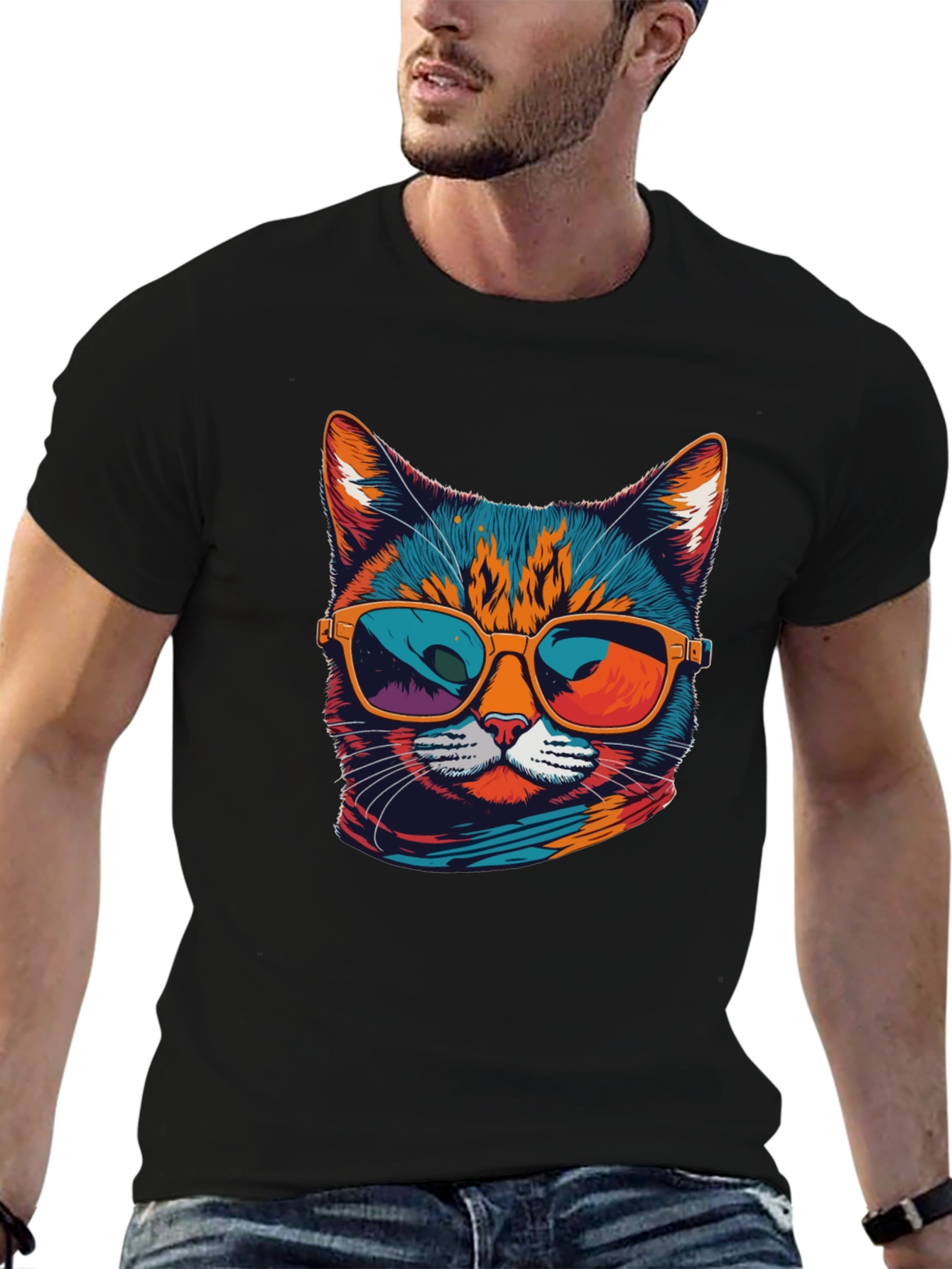 Black Cool Cat Graphic Tee - Unisex Black T-Shirt view 6