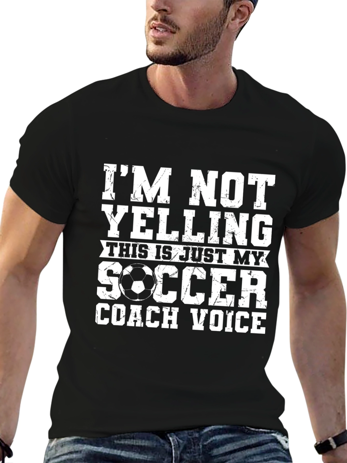 Black Soccer Coach T-Shirt: I'm Not Yelling - Coach Voice view 6