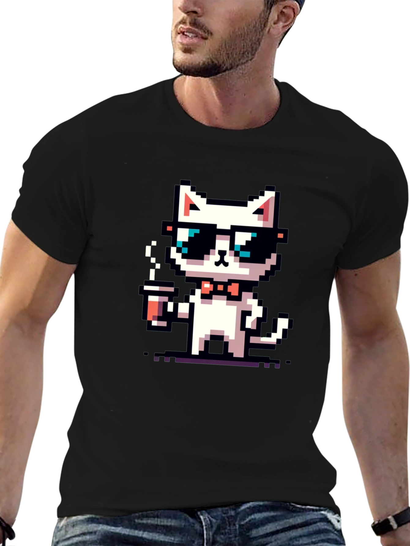 Black Cool Pixel Cat Coffee T-Shirt view 6