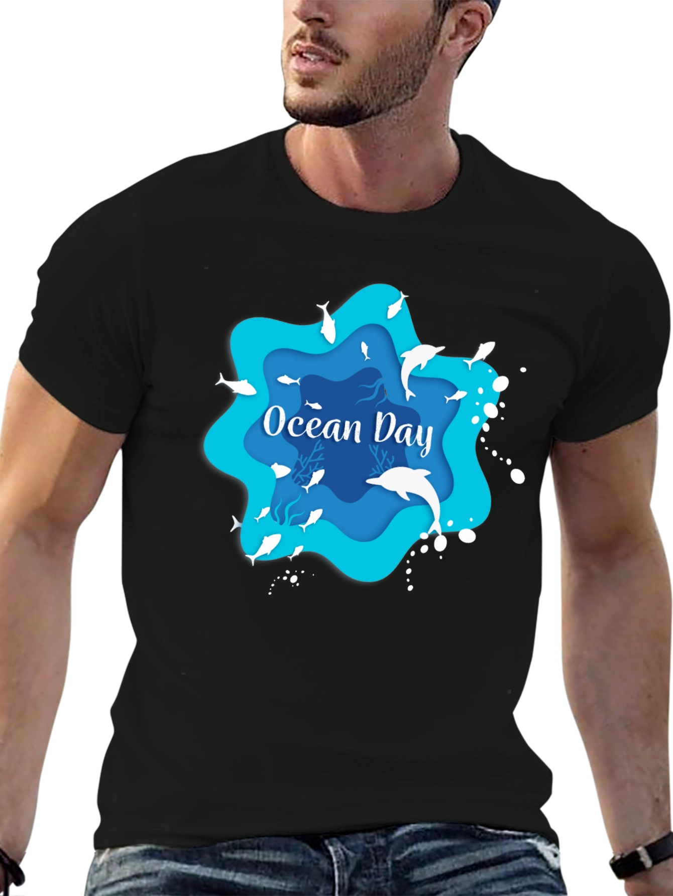Black Ocean Day Graphic T-Shirt - Black, Casual view 6