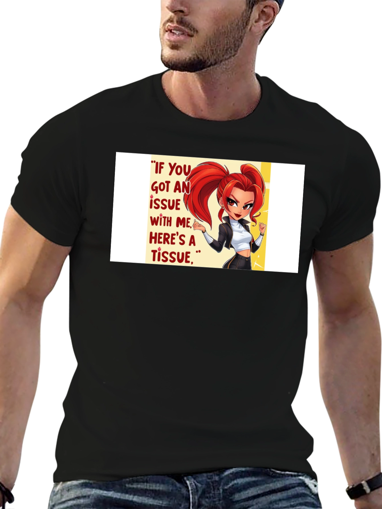 Black Sassy Cartoon Graphic T-Shirt - "Tissue" Quote view 6