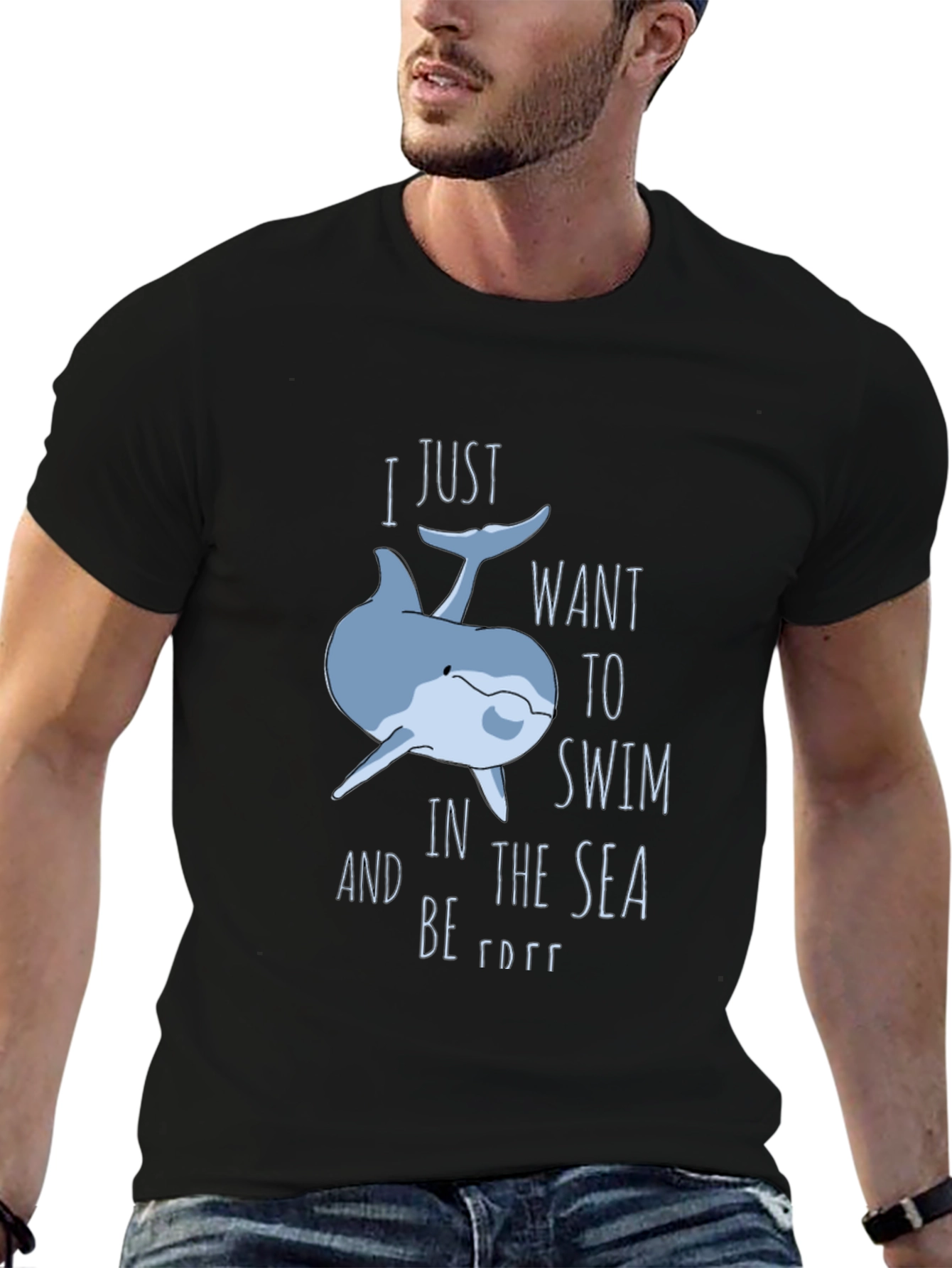 Black Whimsical Dolphin T-Shirt: Swim Free view 6