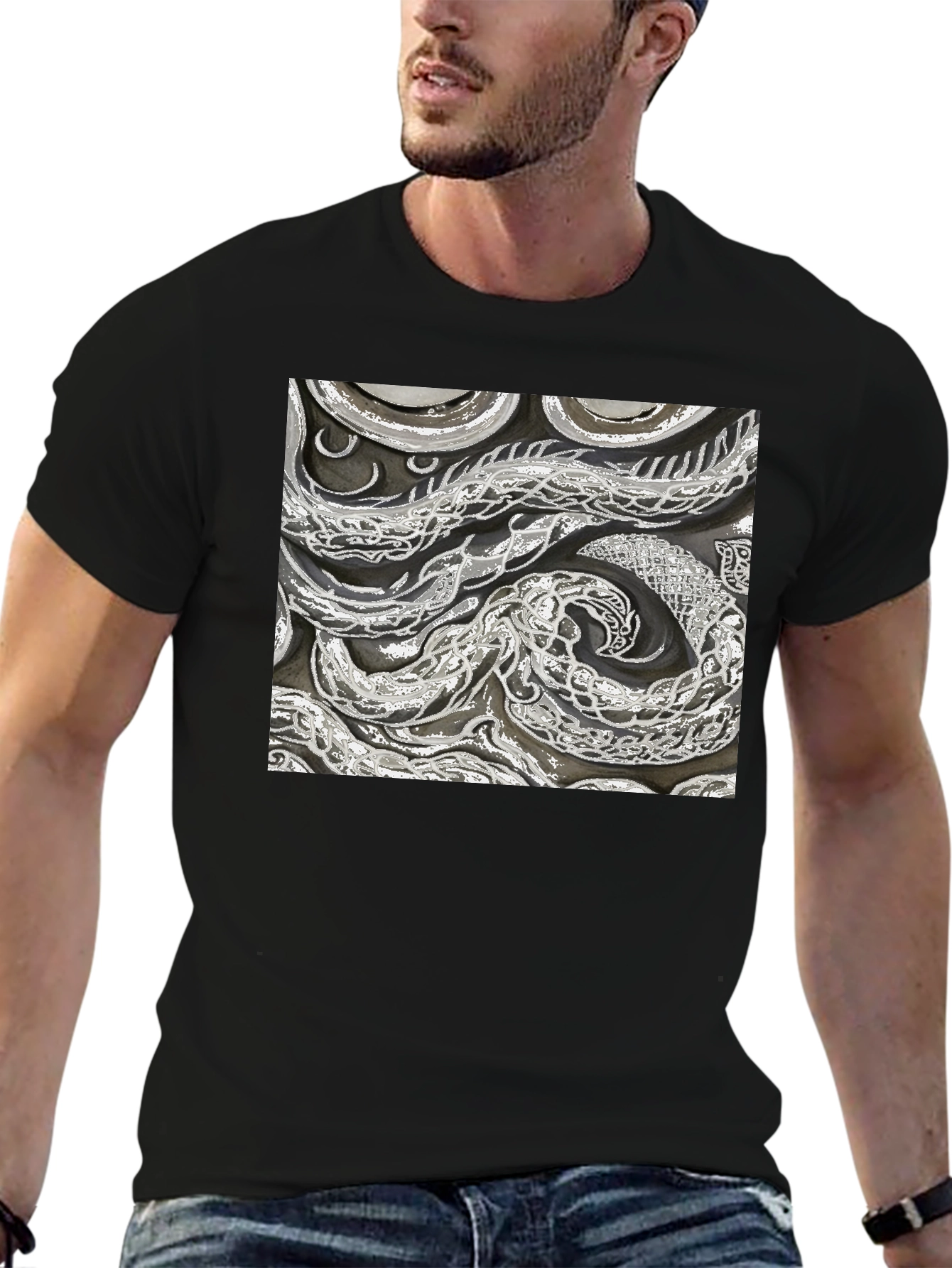 Black Abstract Snake Print Black T-Shirt view 6