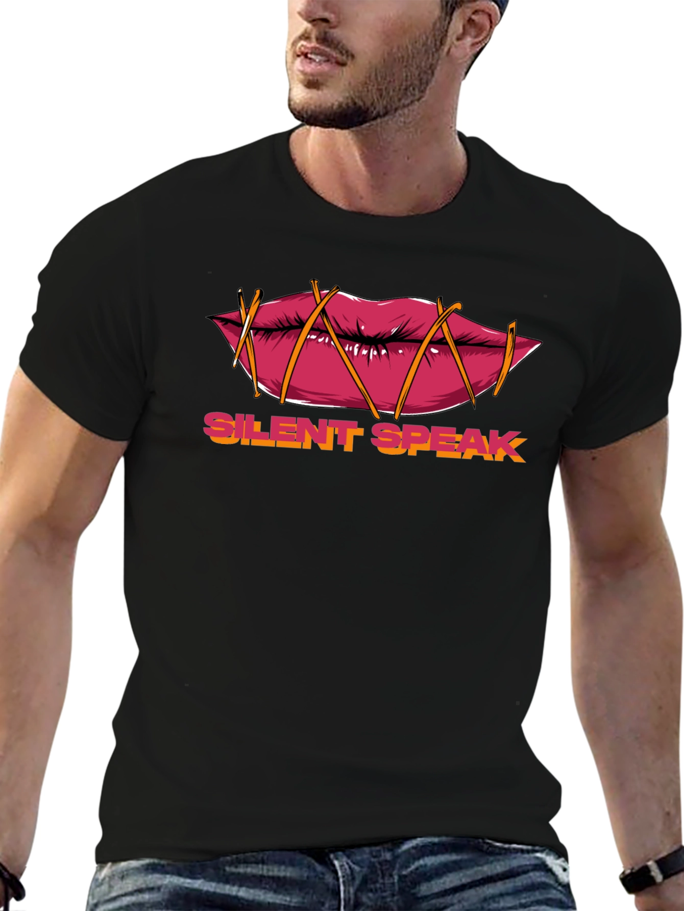 Black Silent Speak Graphic T-Shirt - Black Crew Neck Tee view 6