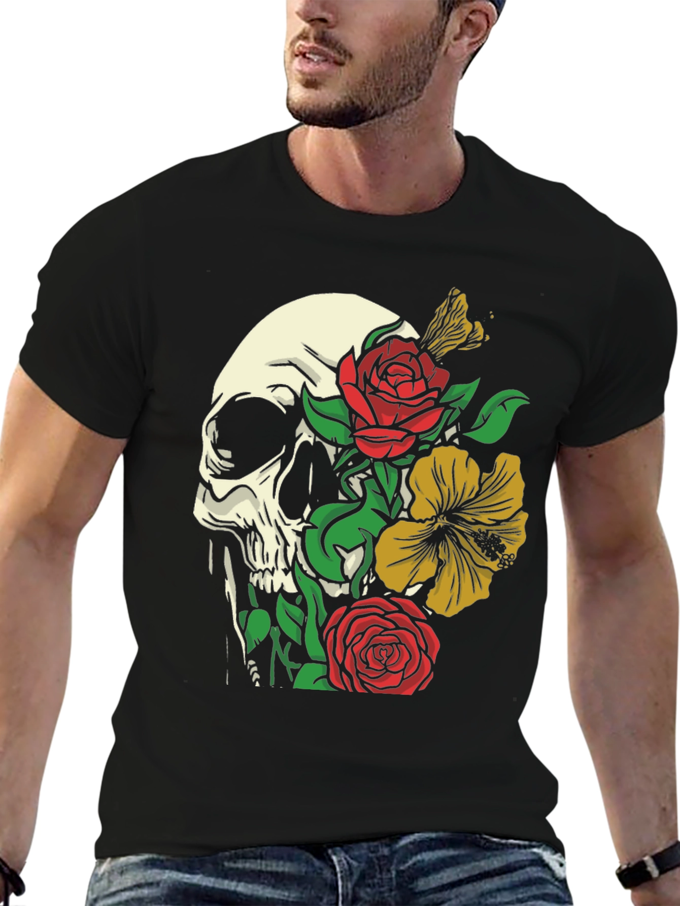 Black Skull & Floral Graphic Tee - Trendy Style view 6