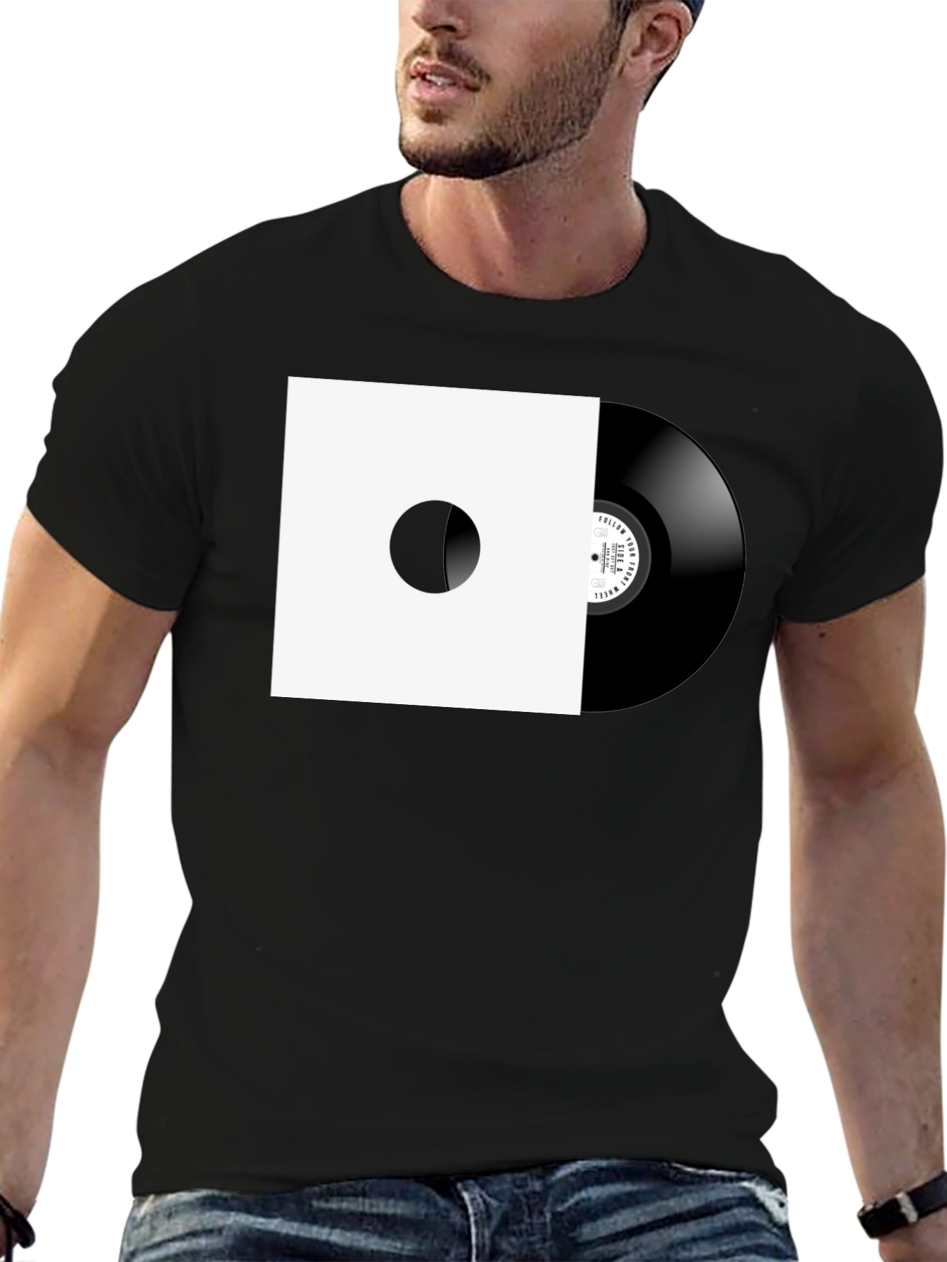 Black Retro Vinyl Record Graphic Tee - Black Cotton view 6