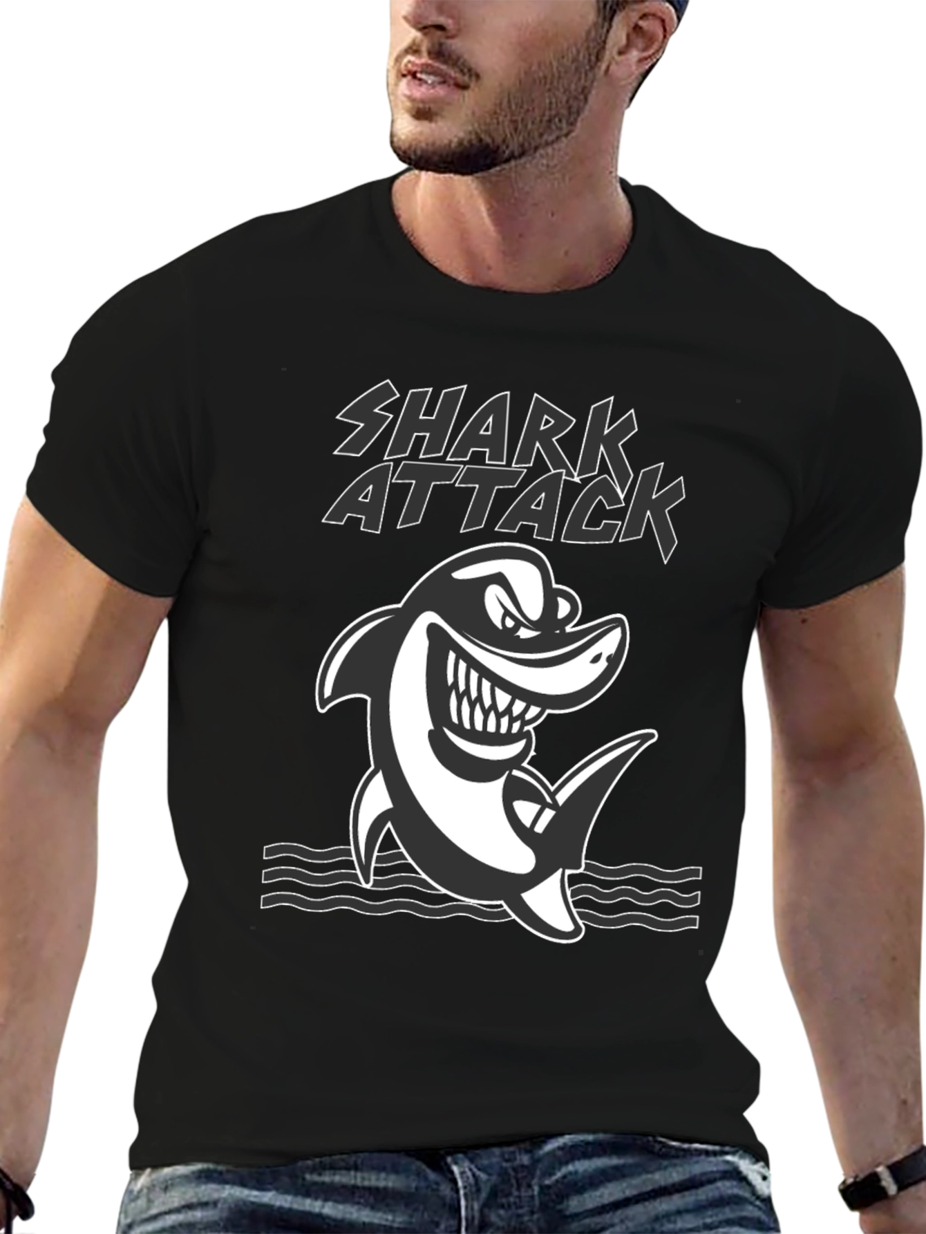 Black Shark Attack Graphic Tee - Black Cotton T-Shirt view 6