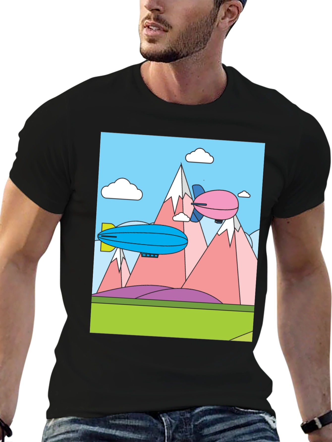 Black Cartoon Landscape Dirigible Graphic Tee view 6