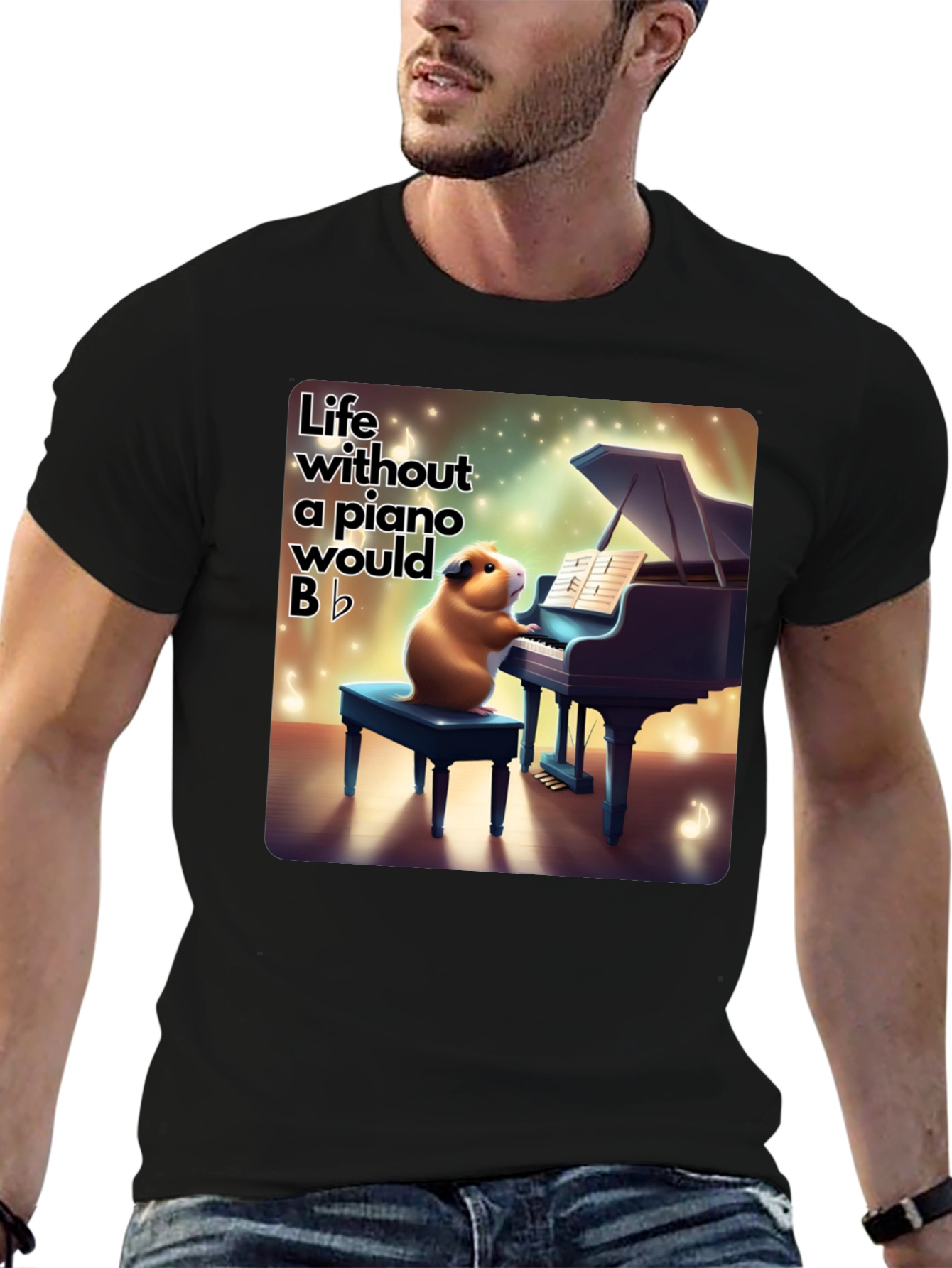 Black Piano Playing Guinea Pig Graphic Tee - Musical Humor view 6
