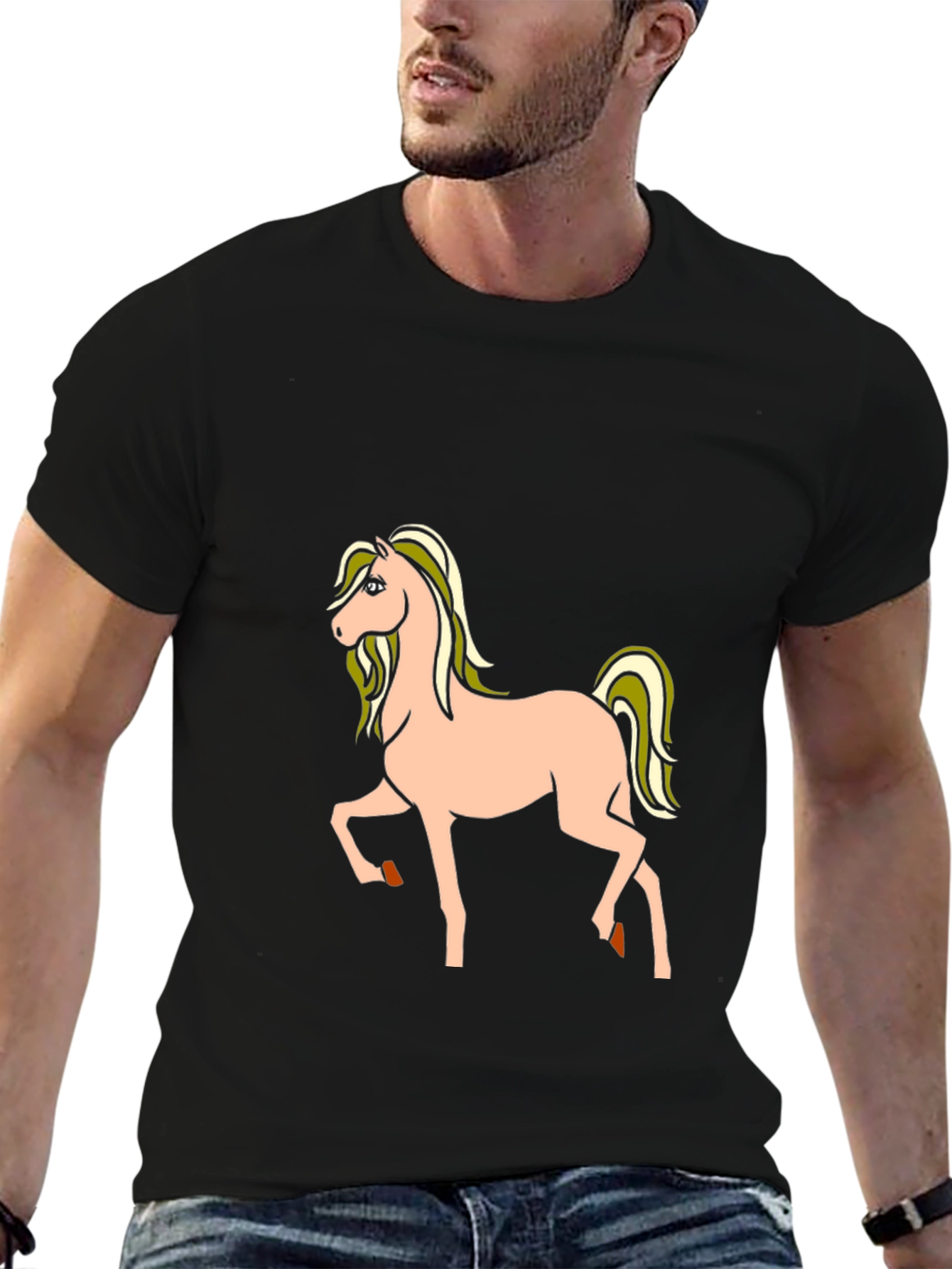 Black Black T-Shirt with Cartoon Horse Graphic view 6