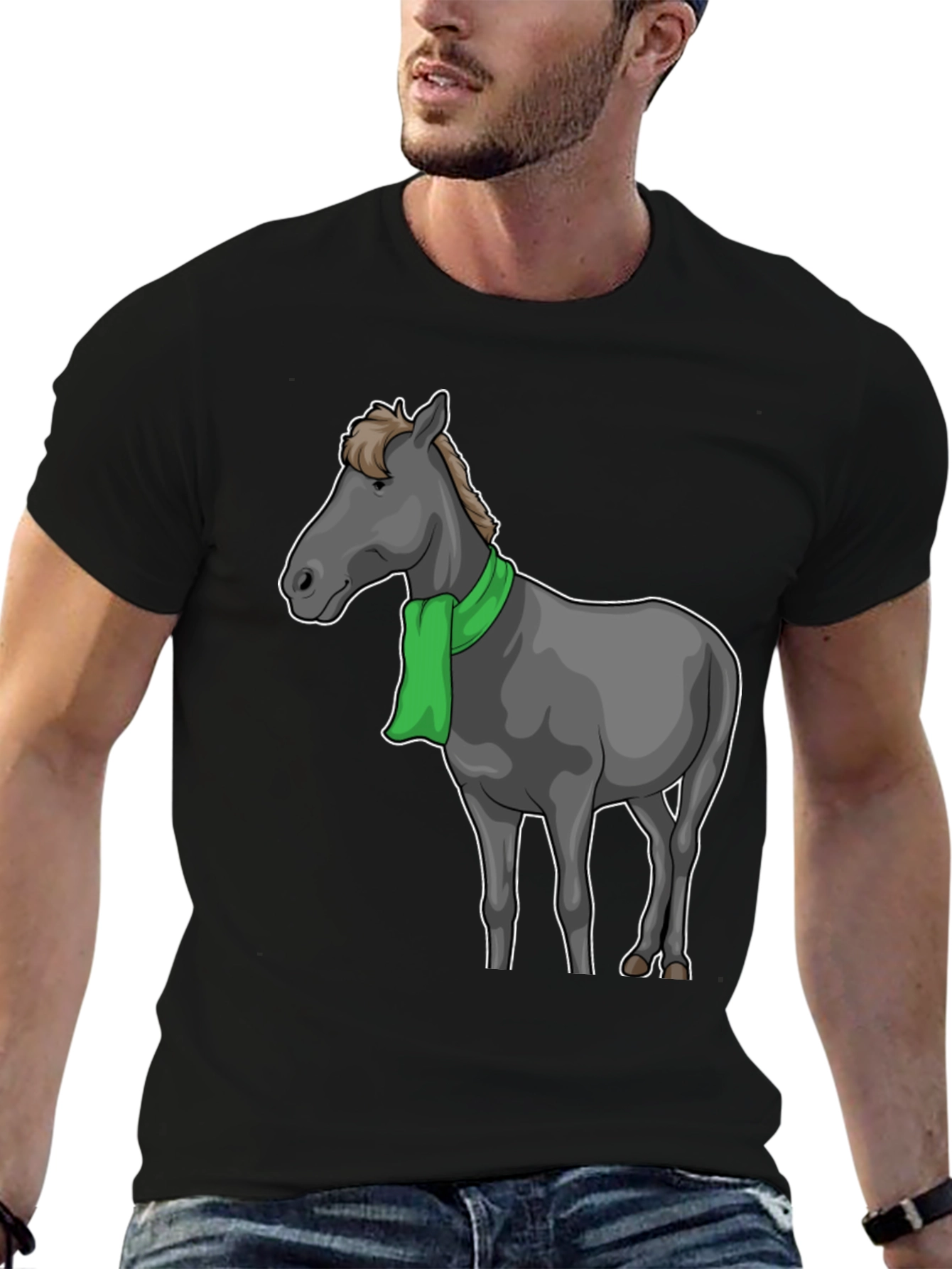 Black Horse Scarf Graphic Tee - Black Cotton T-Shirt view 6