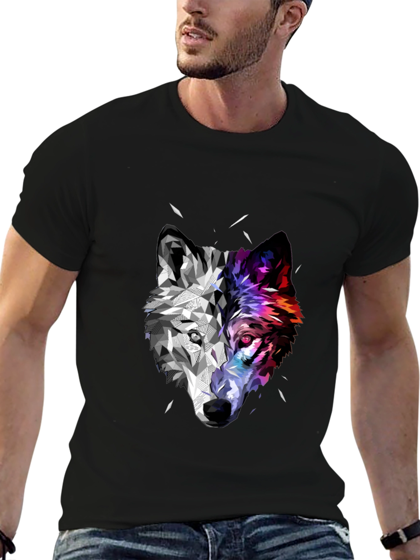 Black Geometric Wolf Head Graphic Black T-Shirt view 6