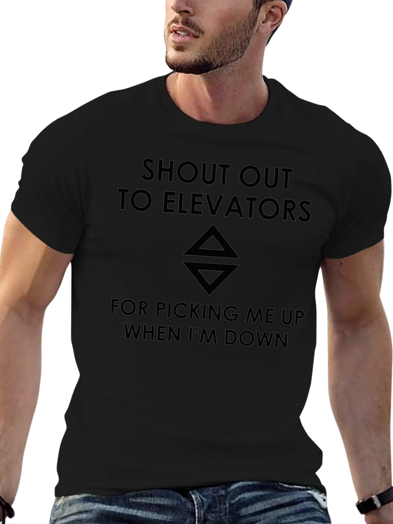 Black Elevator Humor T-Shirt - Picks You Up When You're Down view 6