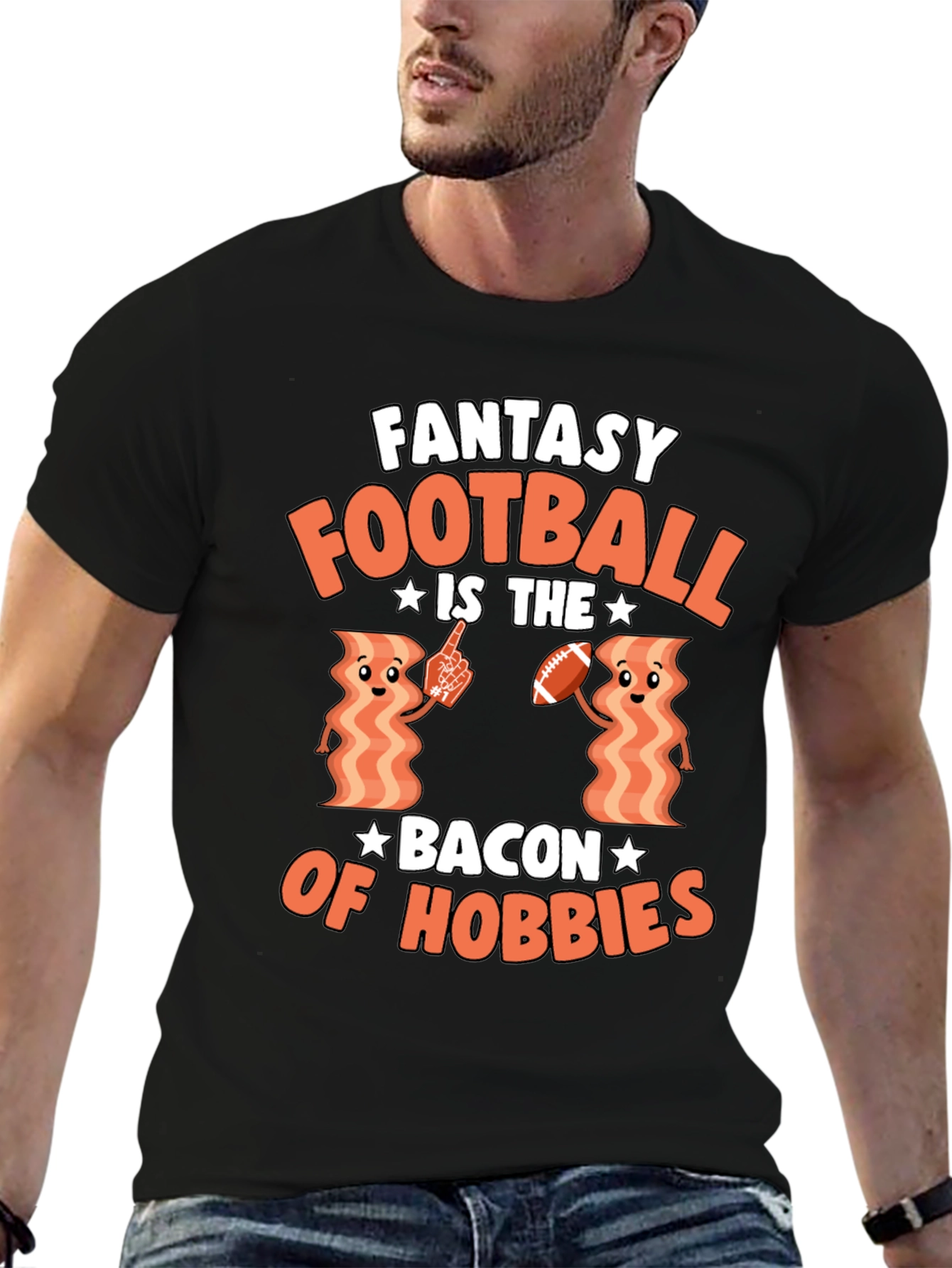 Black Fantasy Football Bacon Hobbies T-Shirt view 6