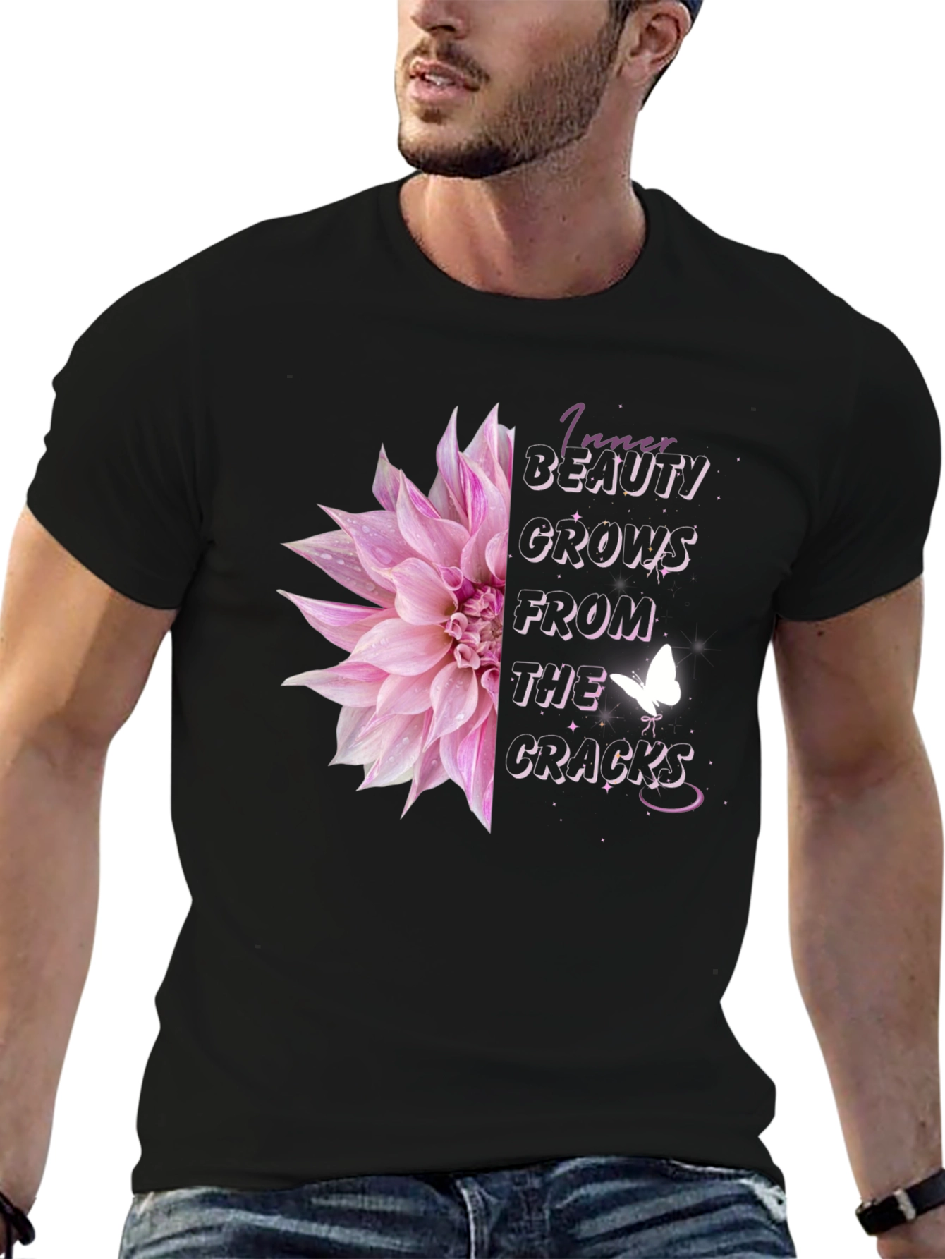 Black Inner Beauty Floral Butterfly Graphic Tee view 6